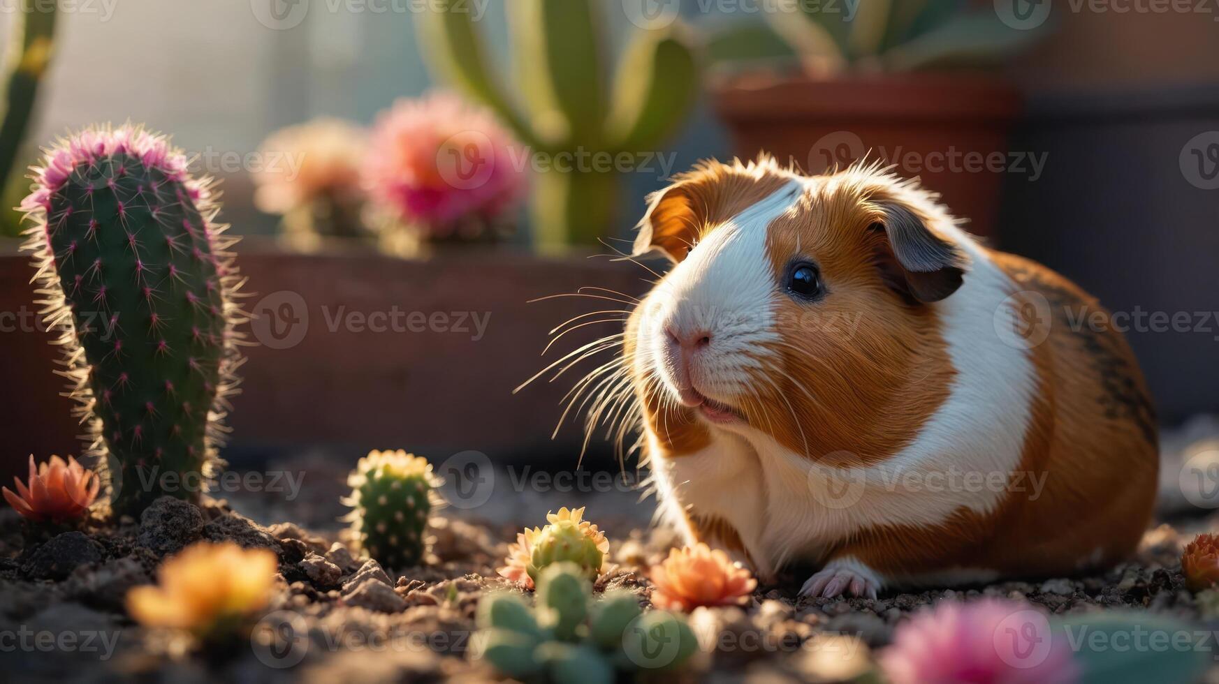 A guinea pig resting among colorful cacti in a sunlit environment. photo