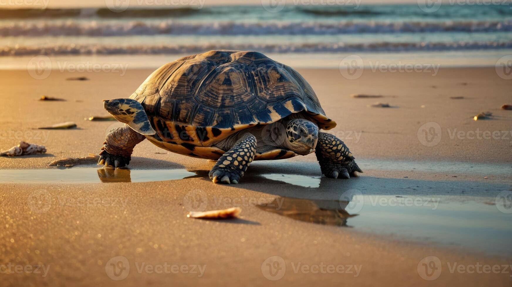 A turtle walking along a beach at sunset, reflecting nature's beauty. photo