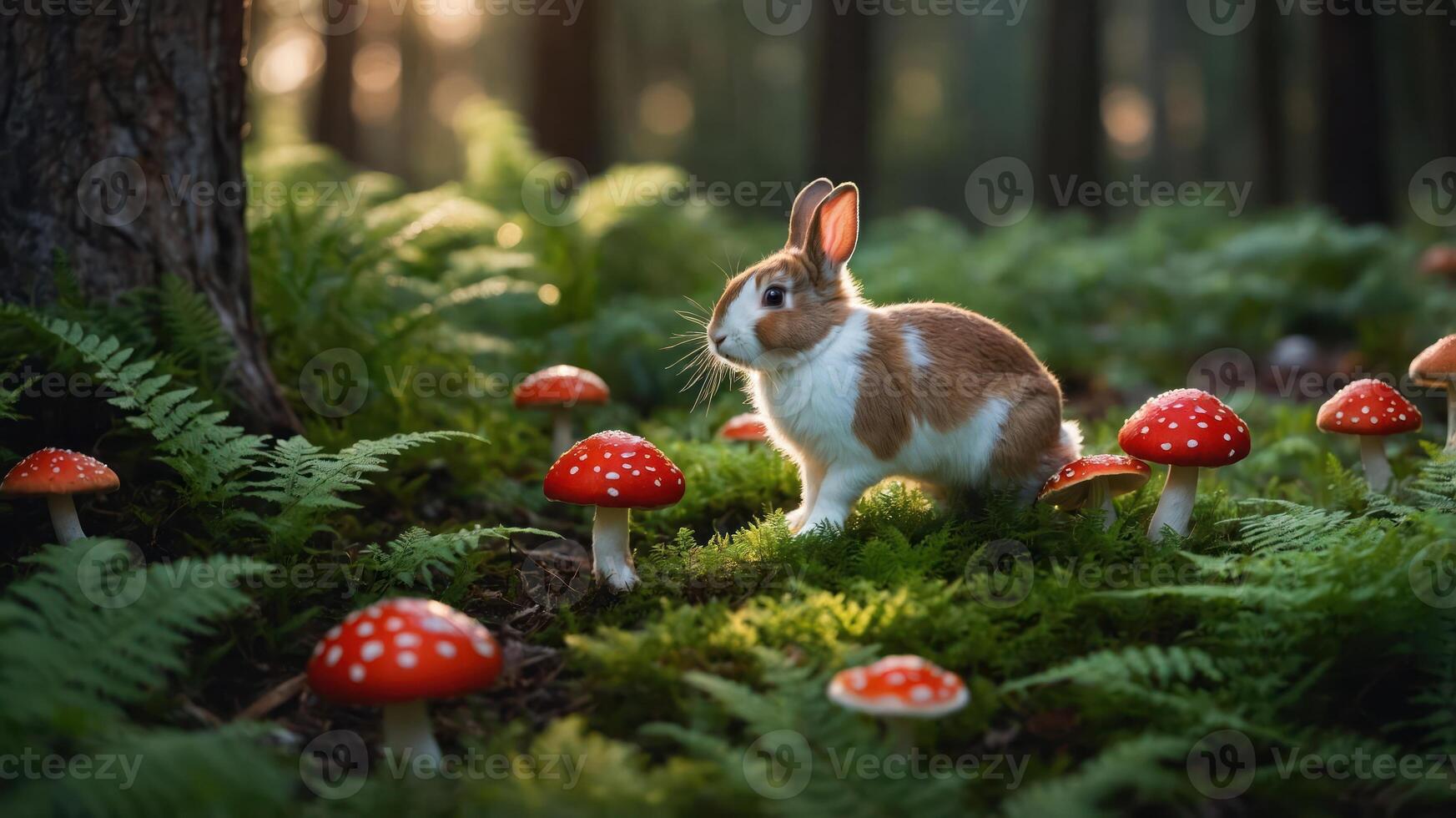A rabbit explores a forest scene adorned with vibrant red mushrooms and lush ferns. photo