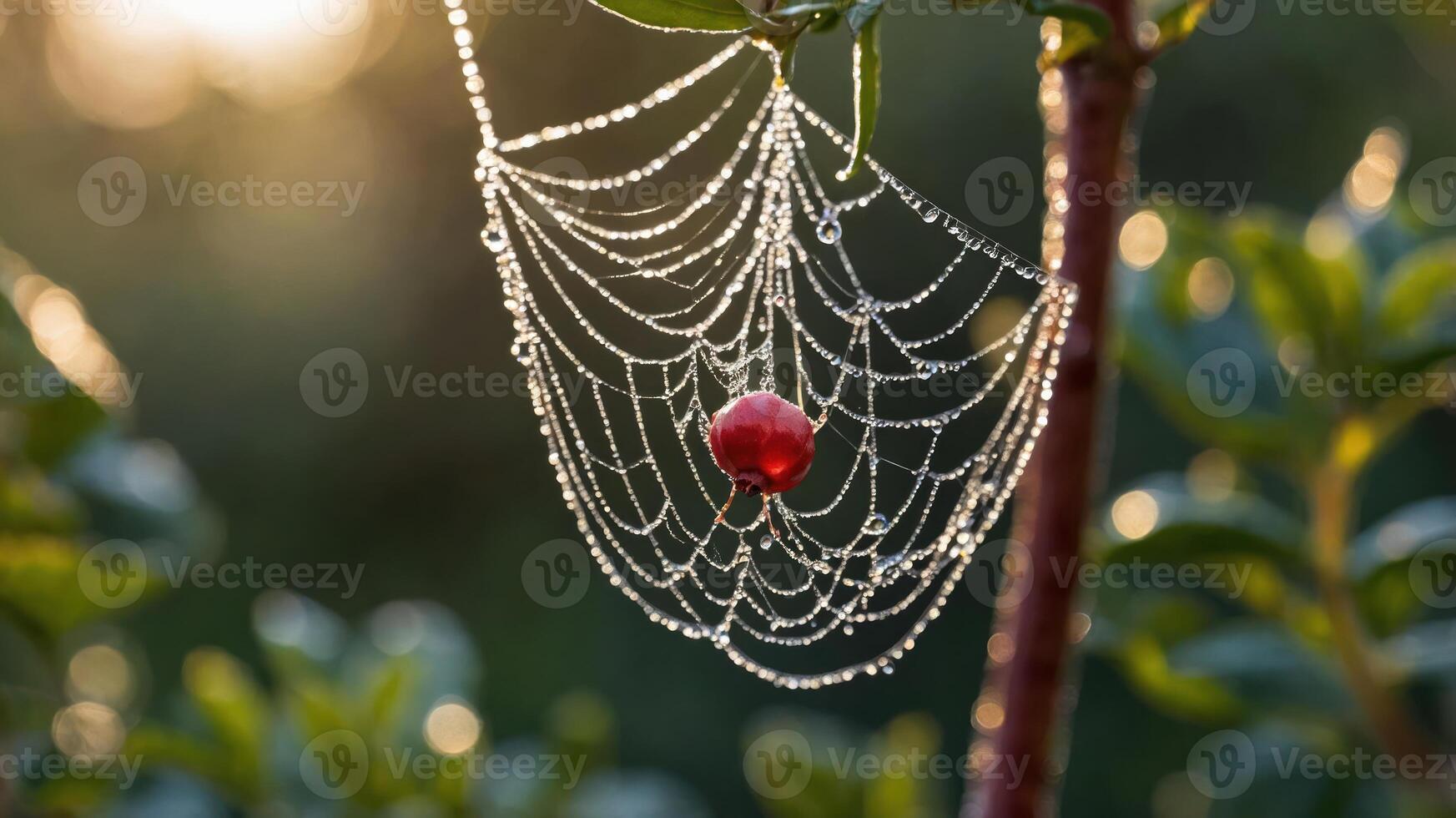 A spider web adorned with dew drops and a red berry, captured in soft morning light. photo