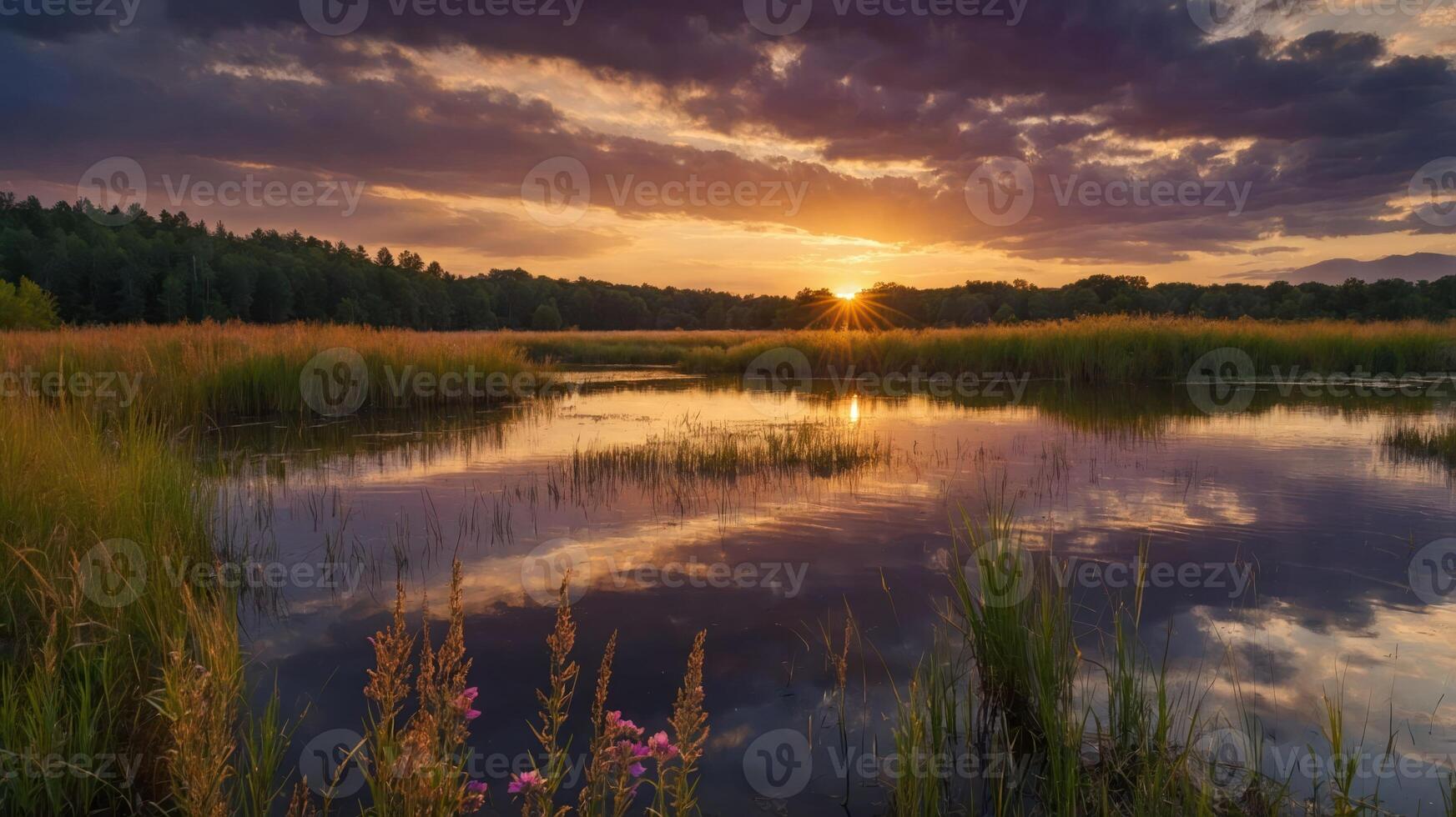 A serene sunset over a tranquil wetland, reflecting vibrant colors in the water. photo