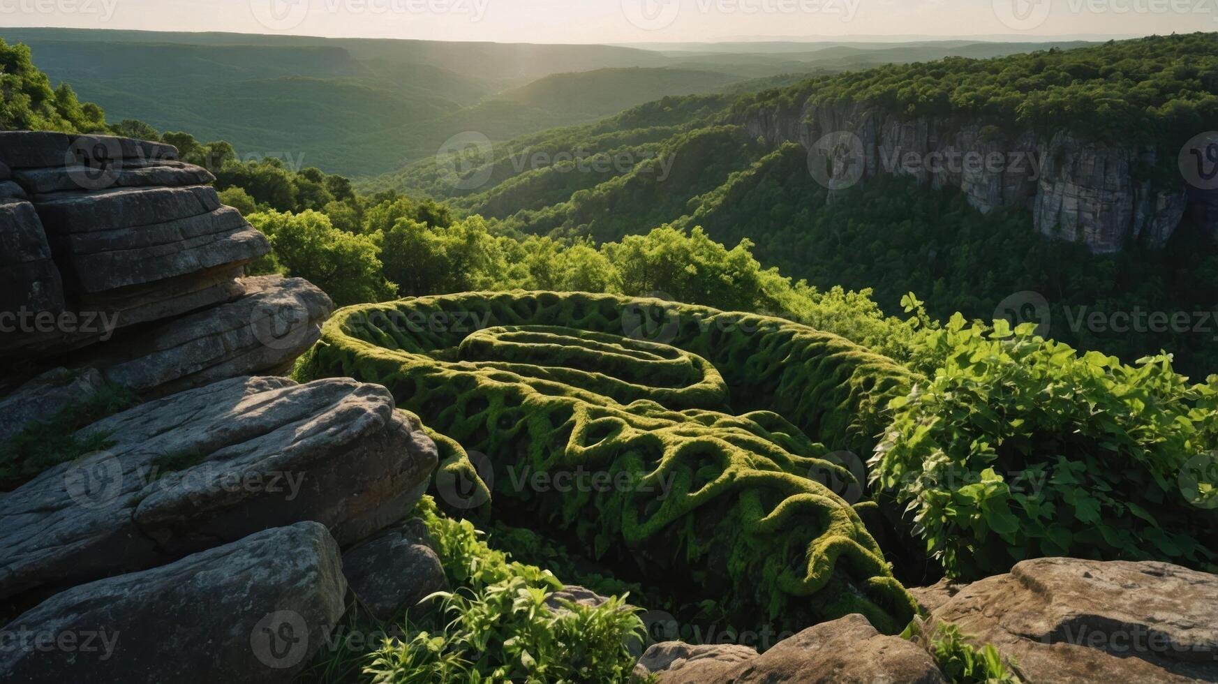 A lush, green spiral path carved into a hillside, surrounded by mountains and trees. photo