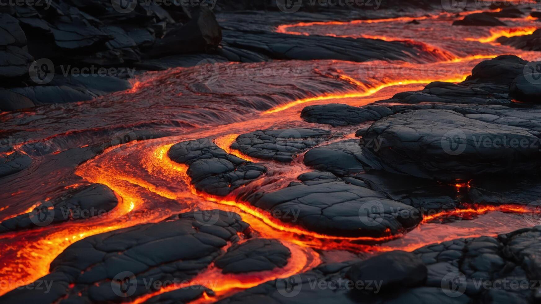 Lava flowing over dark rocks, creating a striking contrast of colors and textures. photo