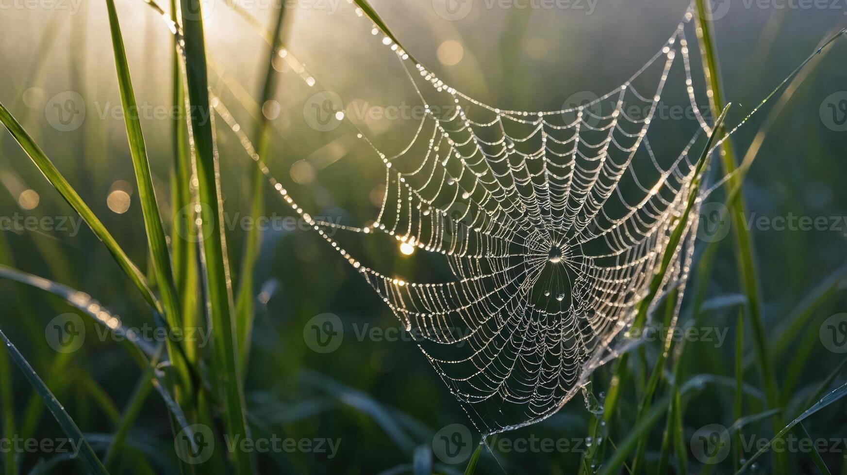 A close-up of a spider web adorned with dew drops in a grassy field during sunrise. photo