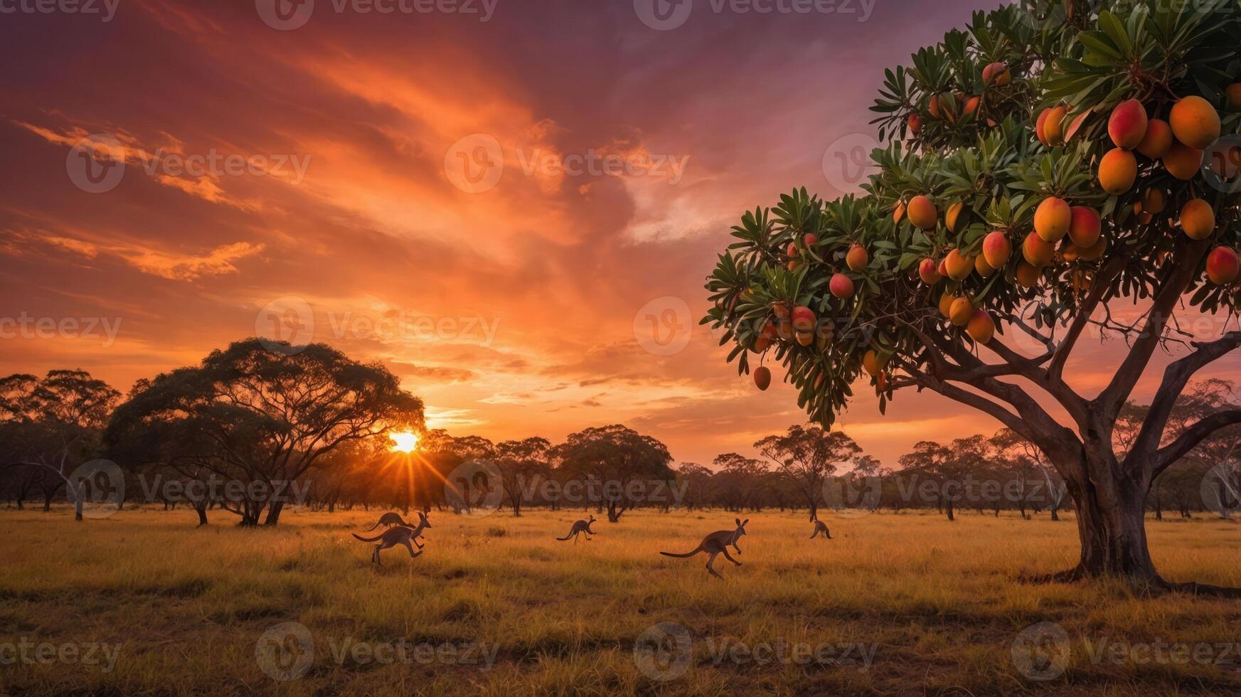 A vibrant sunset scene with kangaroos in a grassy field under a fruit-laden tree. photo