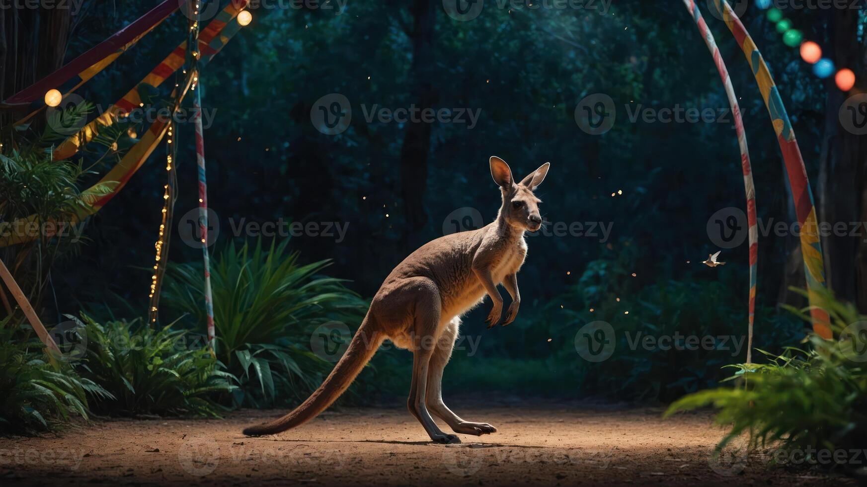 A kangaroo stands in a dimly lit forest, surrounded by colorful decorations and greenery. photo