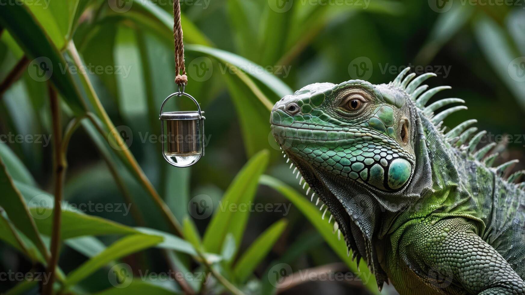 A green iguana curiously observes a small reflective object hanging in a lush environment. photo