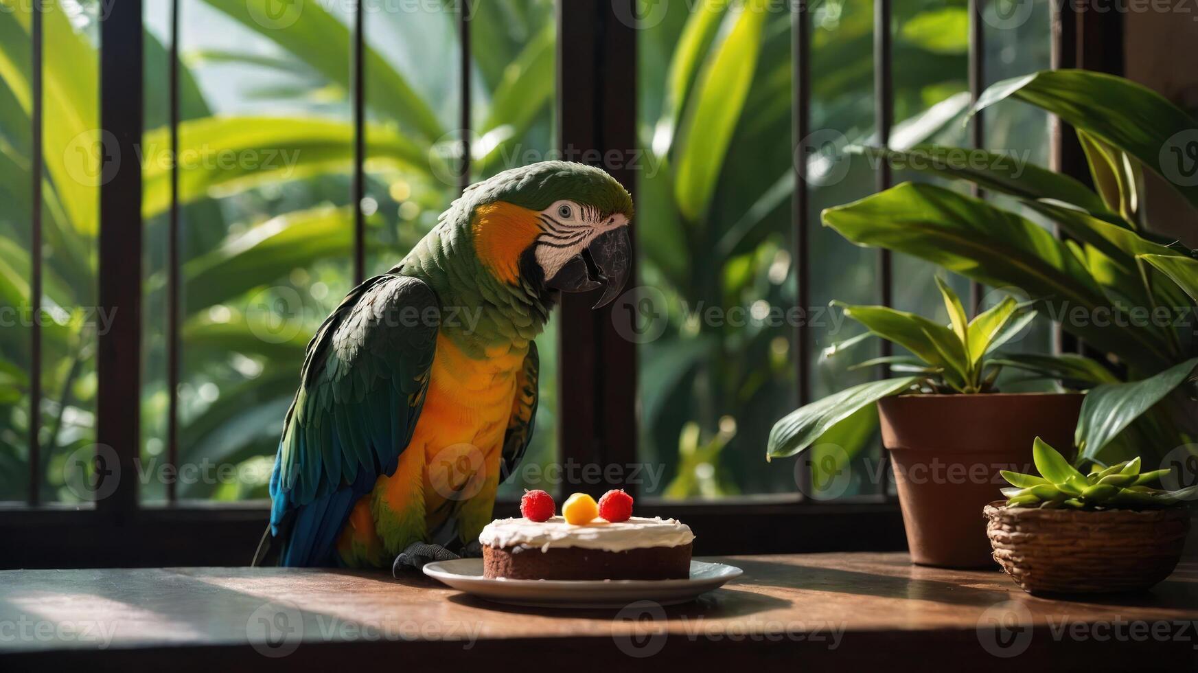 A colorful parrot beside a small cake on a table in a lush environment. photo