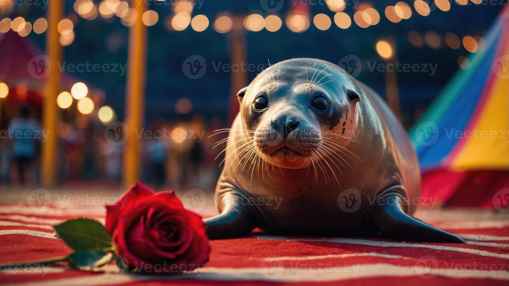 A seal resting on a carpet with a rose beside it at a festive outdoor setting. photo