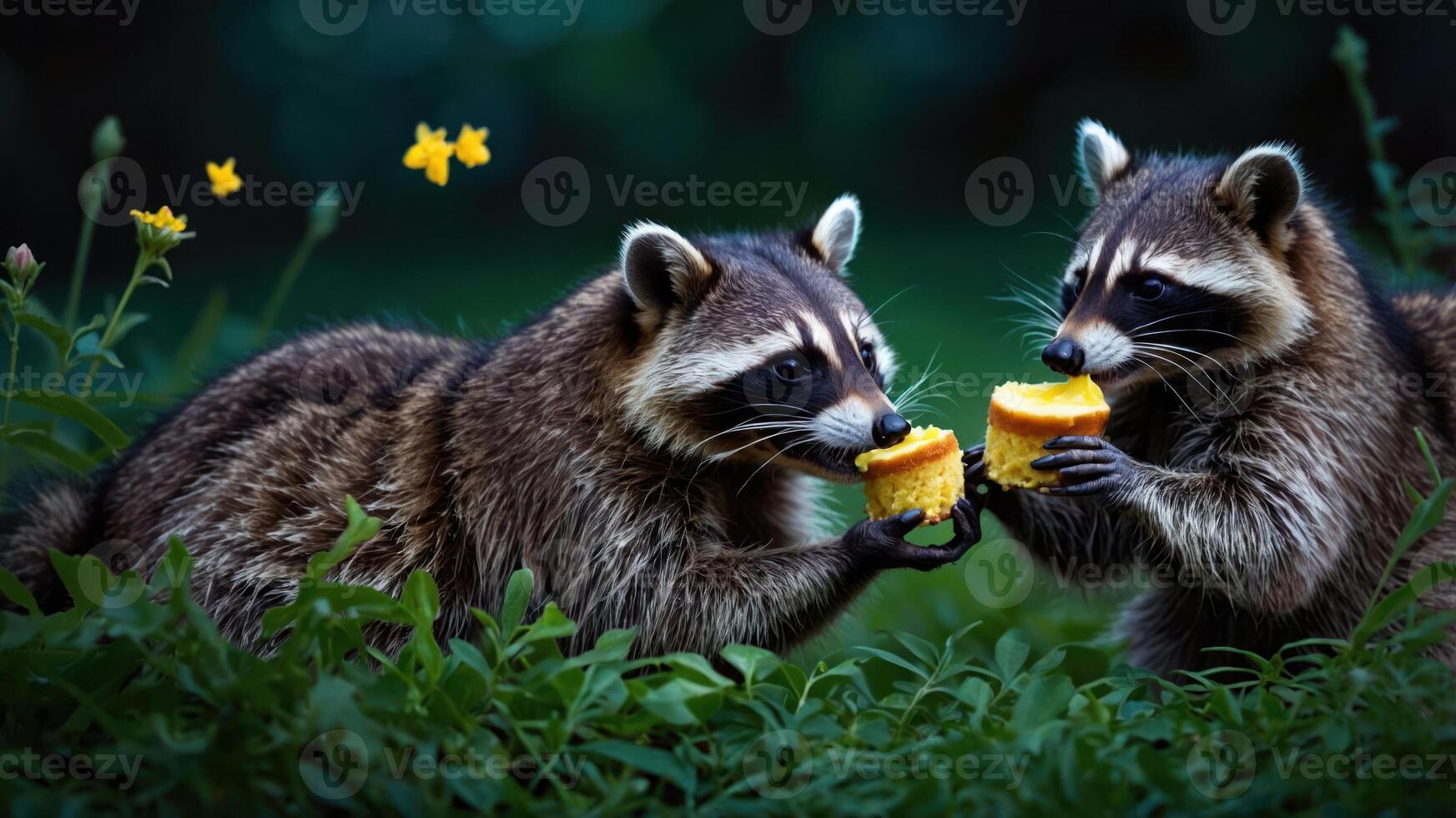 Two raccoons enjoying cupcakes in a lush green setting. photo