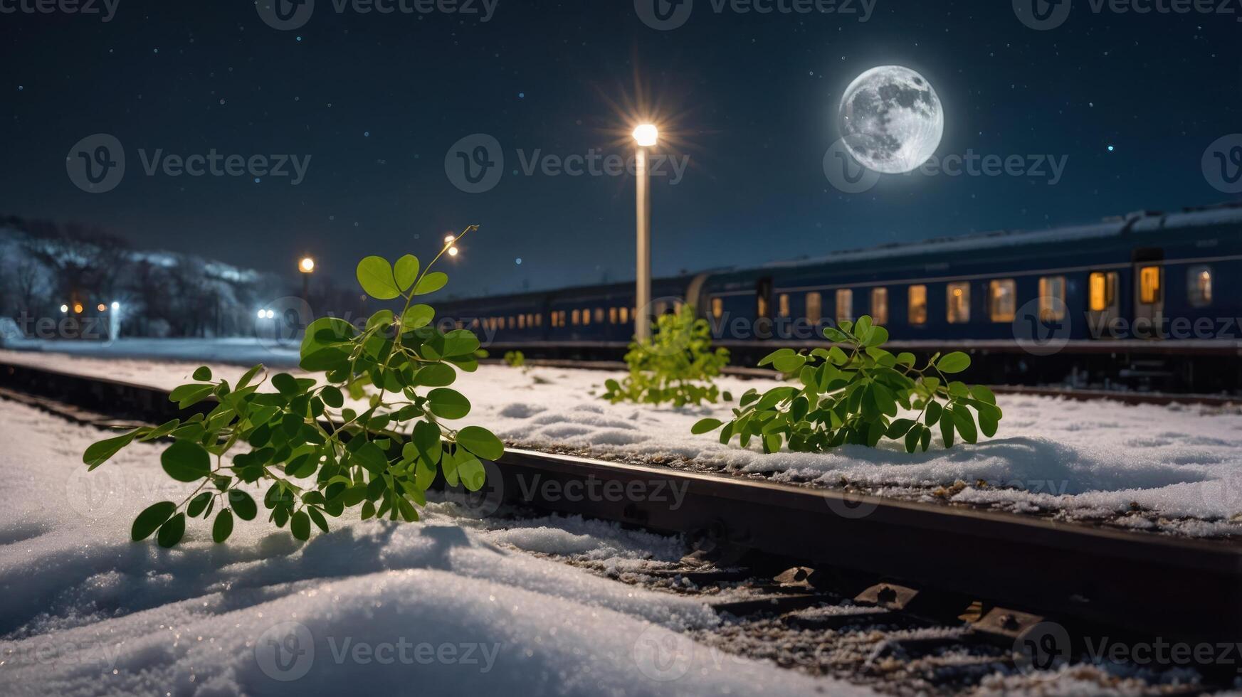 A snowy train station at night with plants growing among the tracks under a full moon. photo