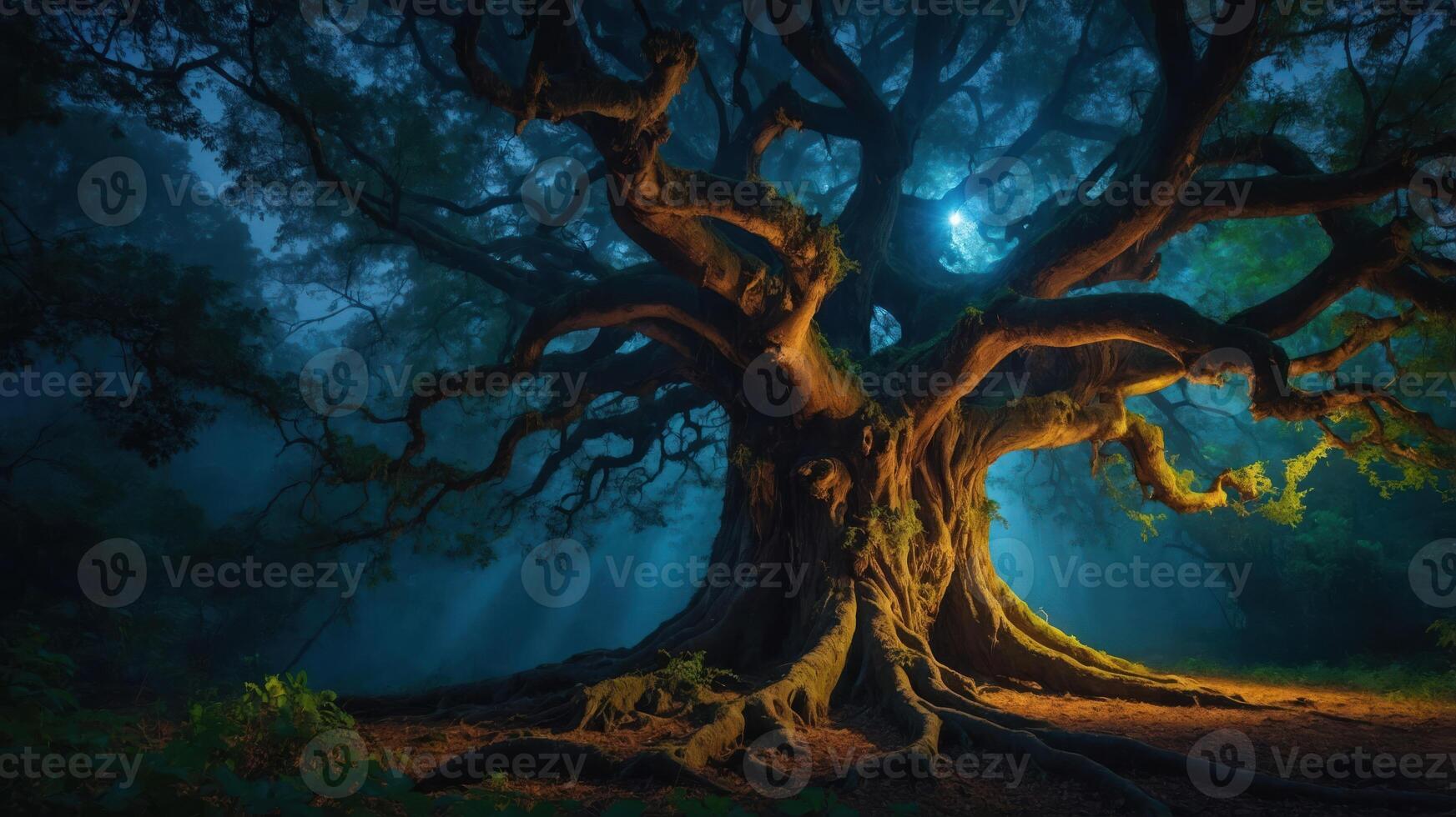 A majestic tree illuminated by moonlight, surrounded by misty forest ambiance. photo