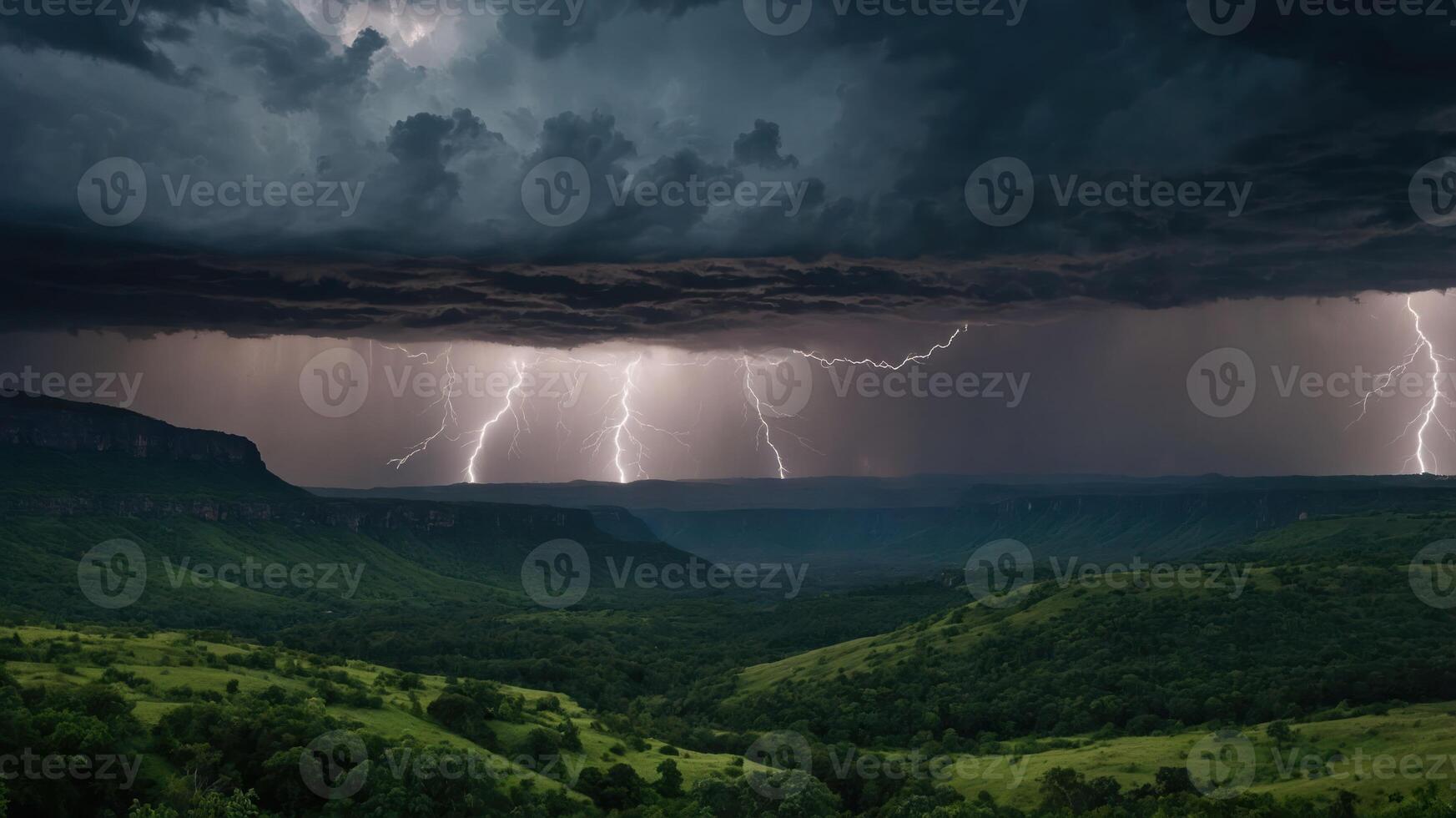 A dramatic landscape featuring a storm with lightning illuminating a green valley. photo