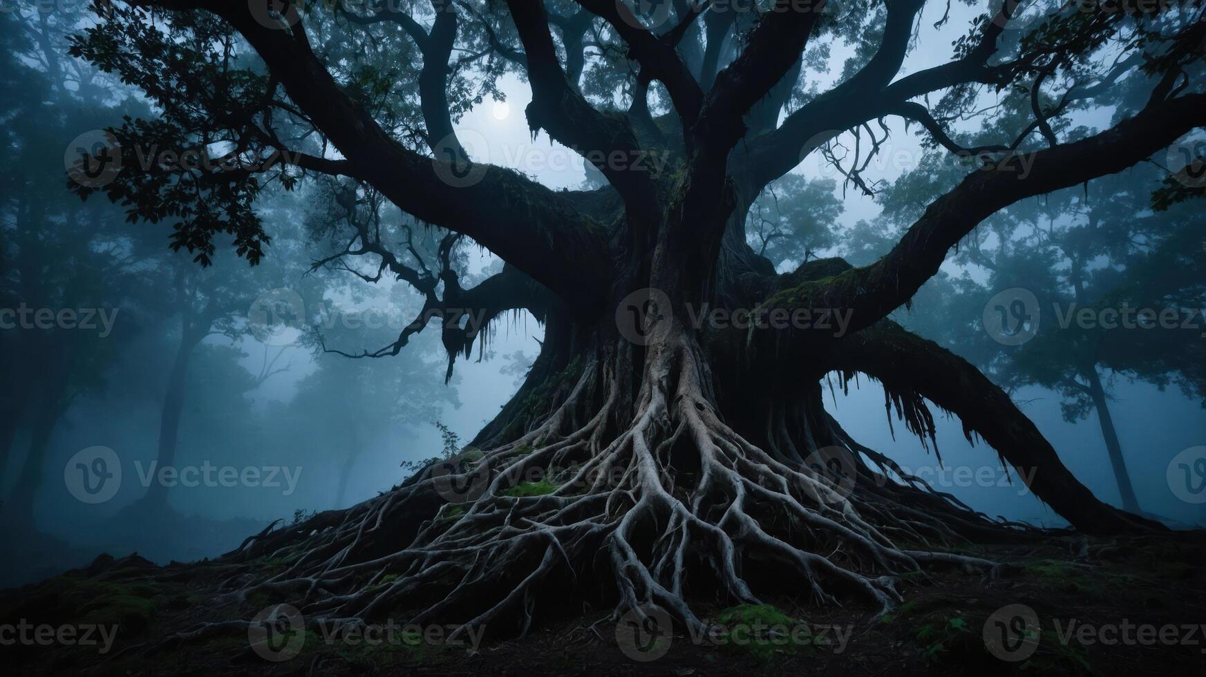 A majestic tree with sprawling roots in a misty forest setting. photo