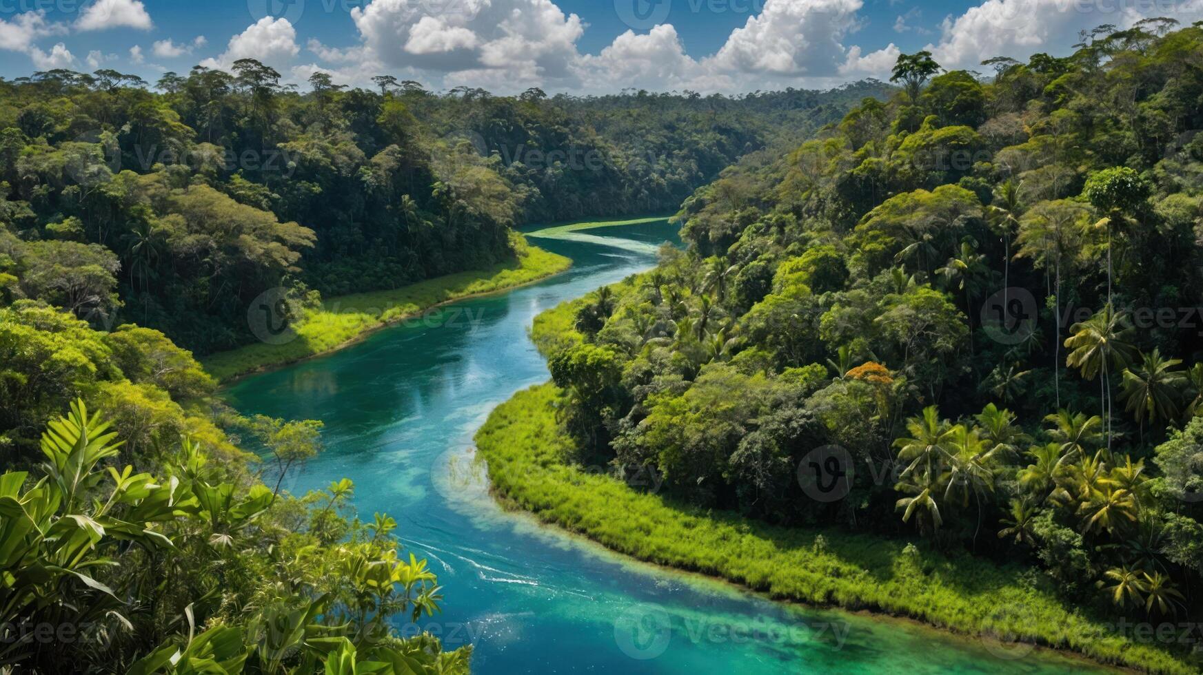 Lush river winding through dense tropical forest under a bright sky. photo