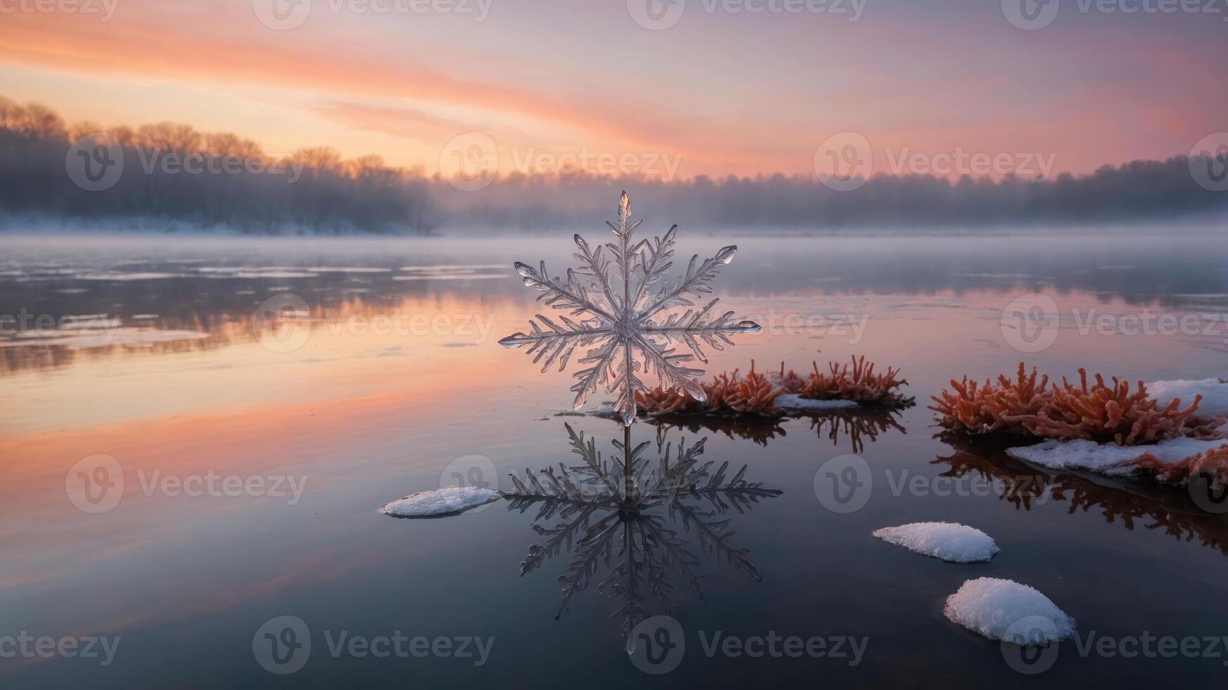 A serene winter landscape featuring a snowflake reflection on a calm lake at sunrise. photo