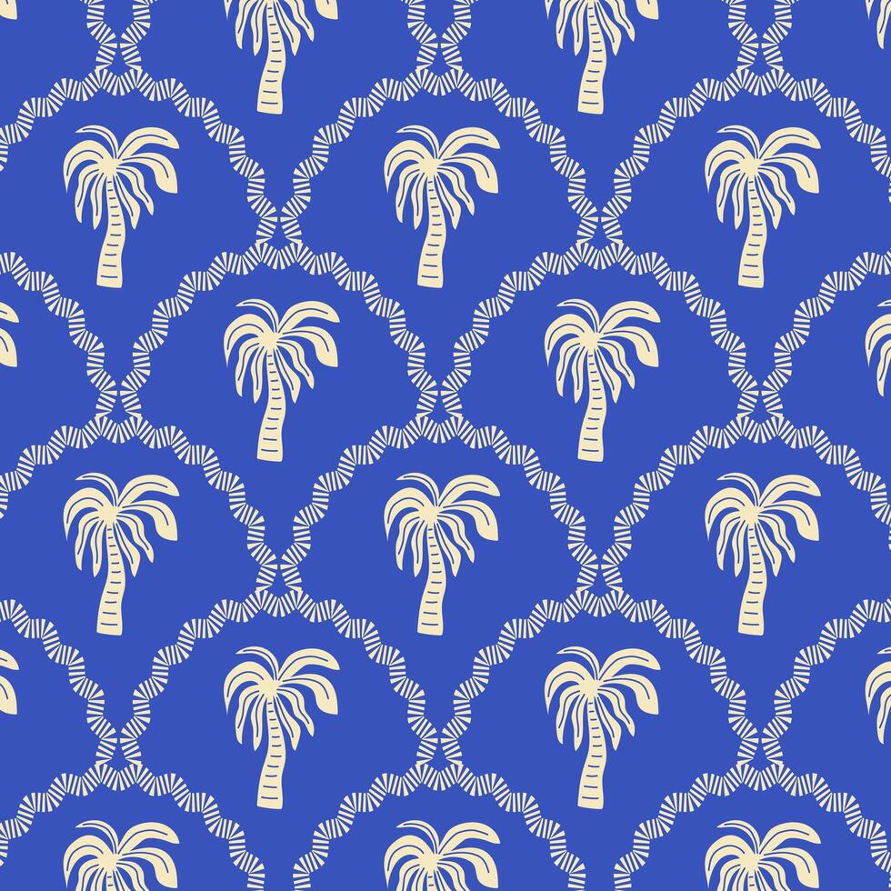 Pattern with palm tree in retro style. Blue vintage tropical background. vector