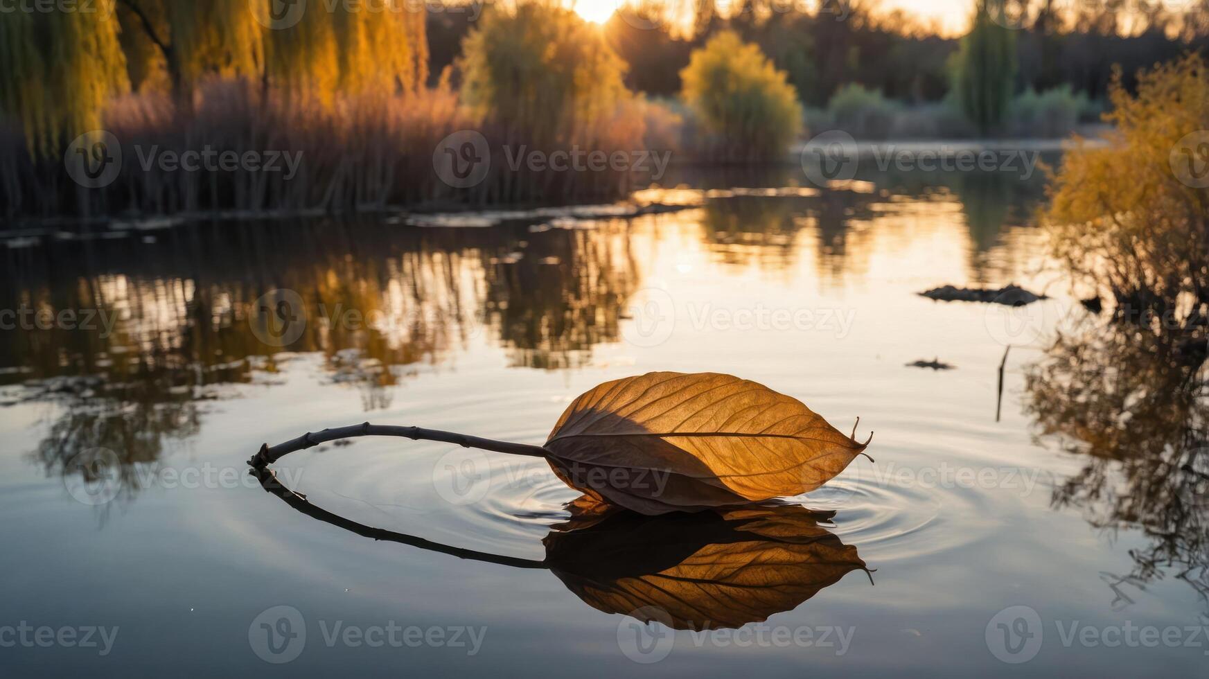 A serene scene of a leaf floating on water during sunset, reflecting nature's beauty. photo