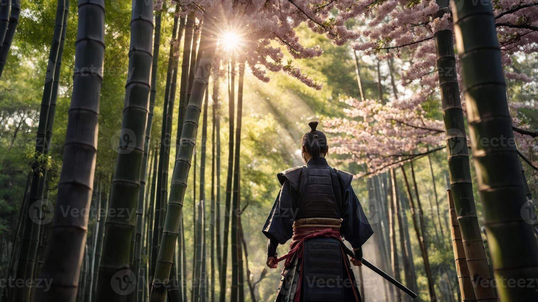 A samurai stands in a bamboo forest, illuminated by sunlight filtering through cherry blossoms. photo