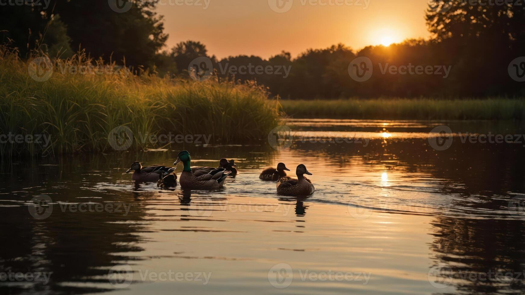 A serene sunset scene with ducks swimming in a calm lake surrounded by lush greenery. photo