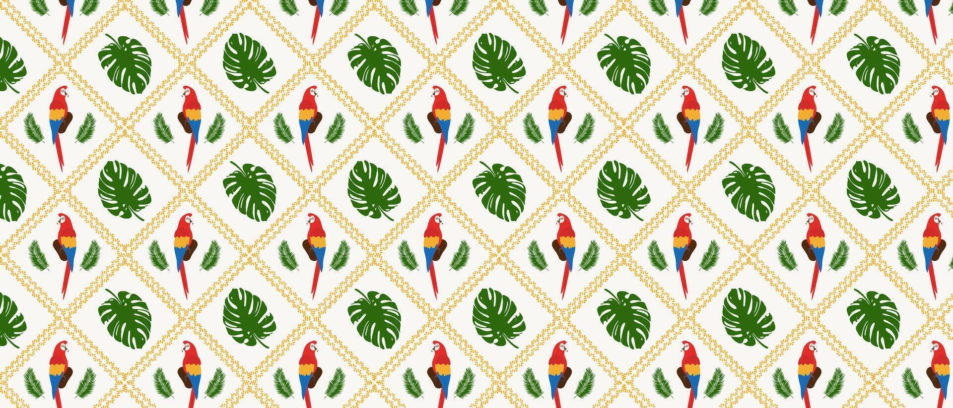 Monotone tropical pattern with parrot and palm leaves. Checkered summer print exotic. vector