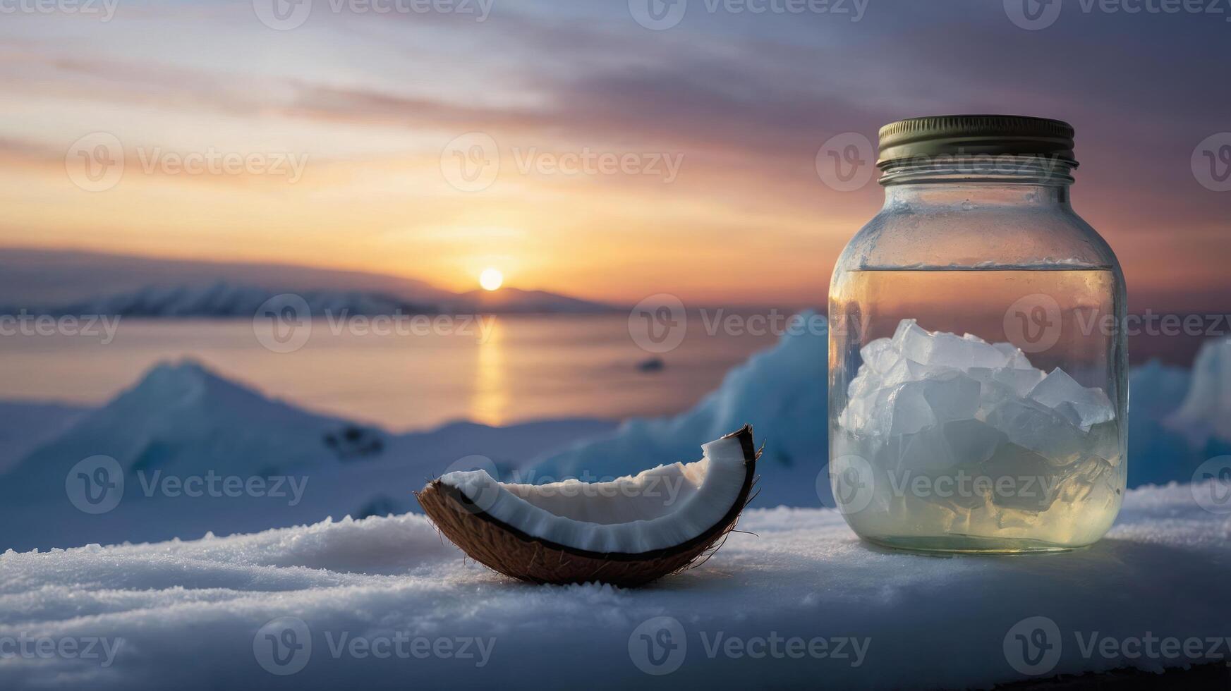 A coconut half and a jar of ice sit on snow with a sunset over icy waters in the background. photo