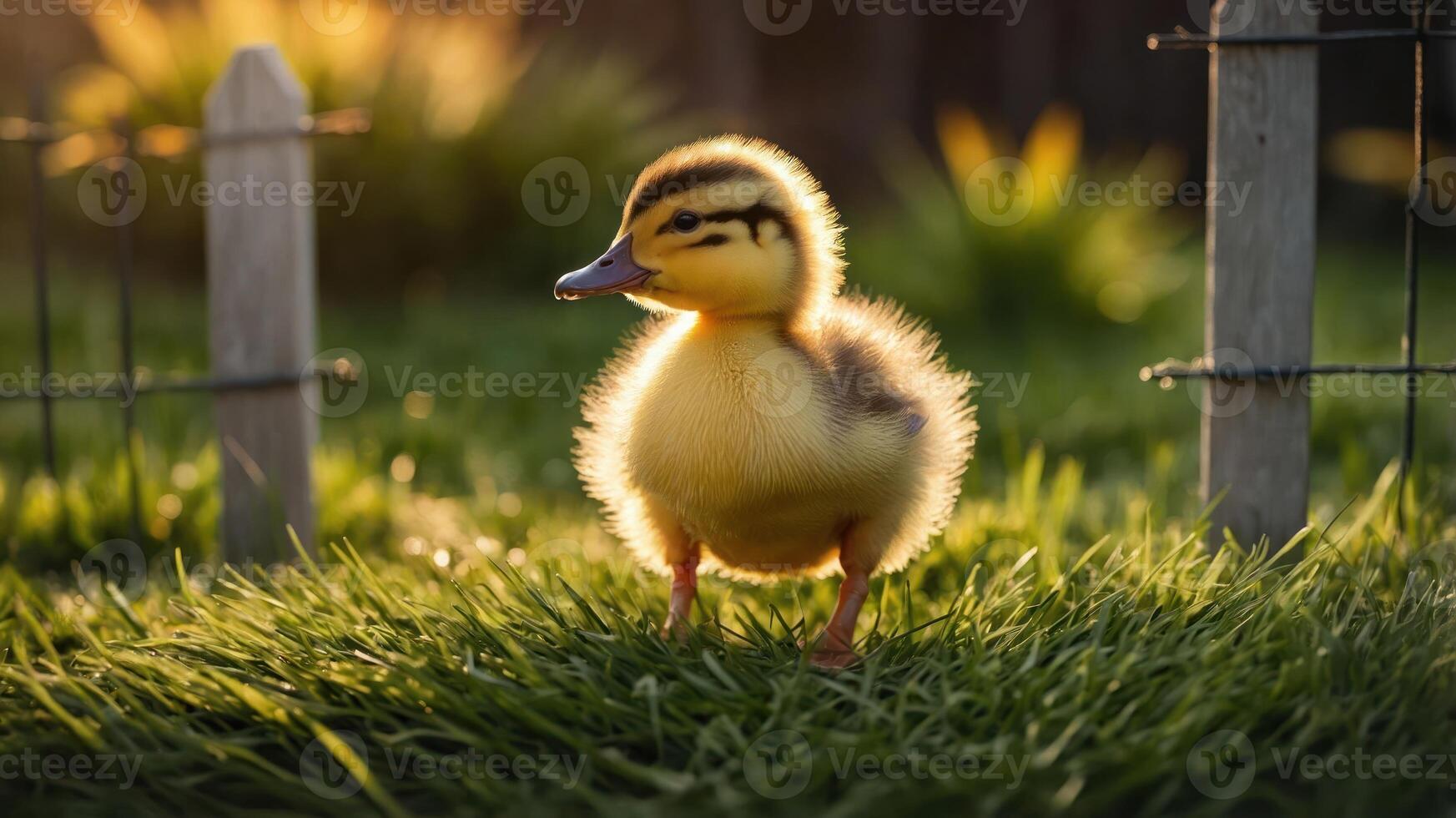 A fluffy duckling stands on green grass, illuminated by warm sunlight. photo
