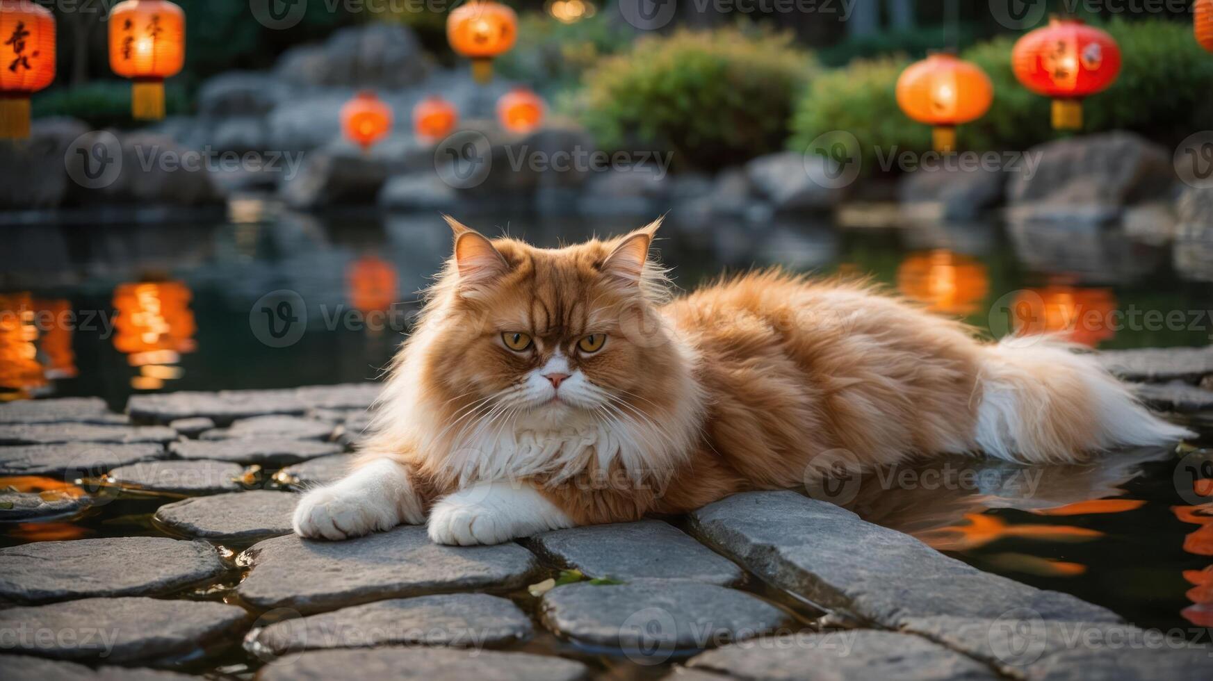 A fluffy cat lounges by a serene pond illuminated by lanterns in a tranquil setting. photo