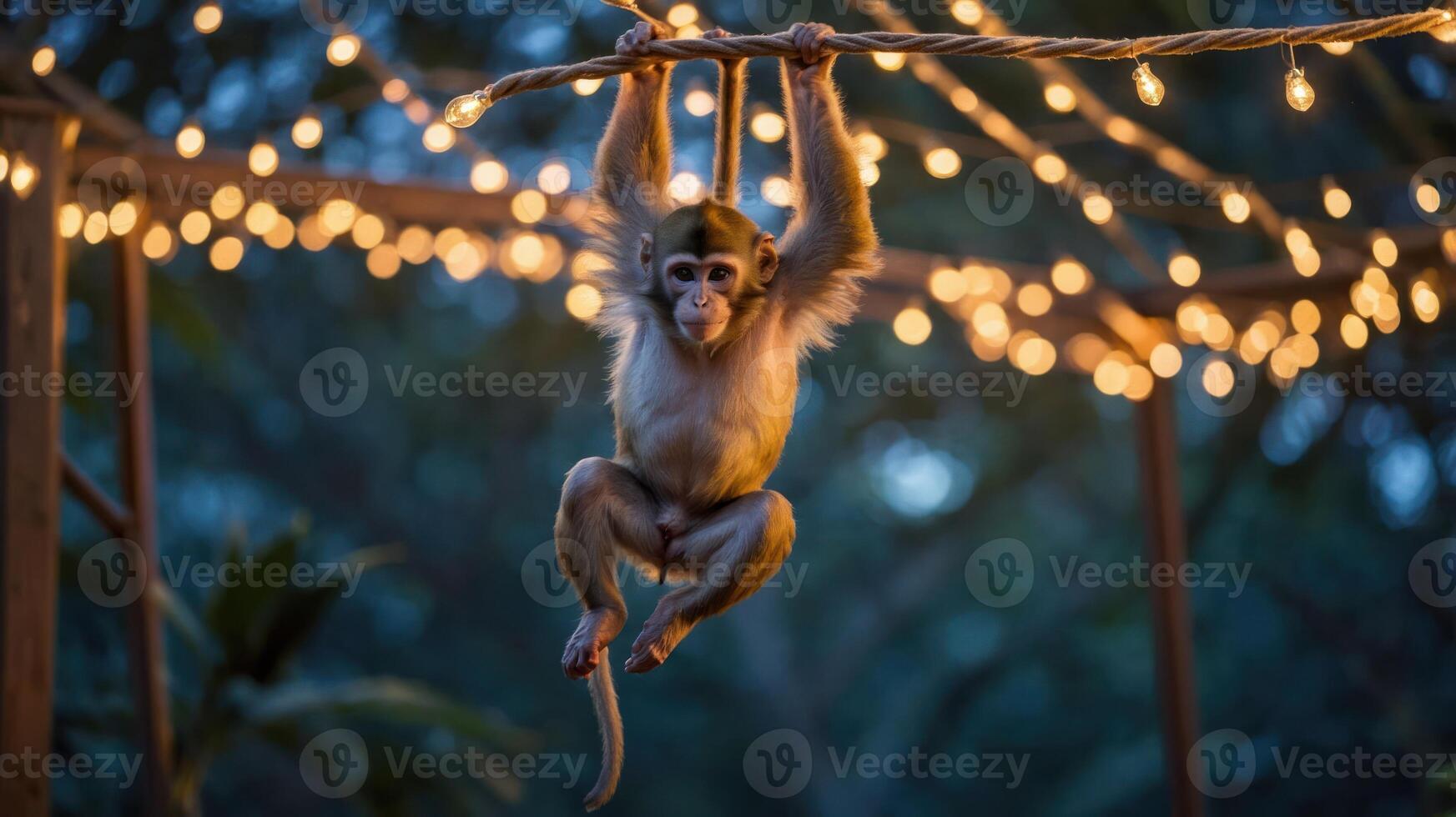 A playful monkey hanging from a rope adorned with twinkling lights in a natural setting. photo