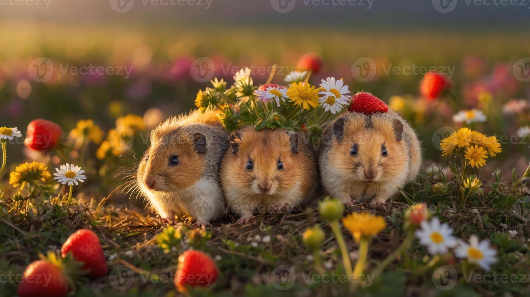 Three adorable guinea pigs surrounded by flowers and strawberries in a vibrant field. photo