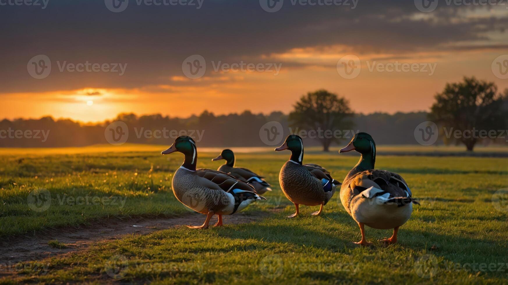 Ducks walking on a grassy field during sunset, creating a serene natural scene. photo