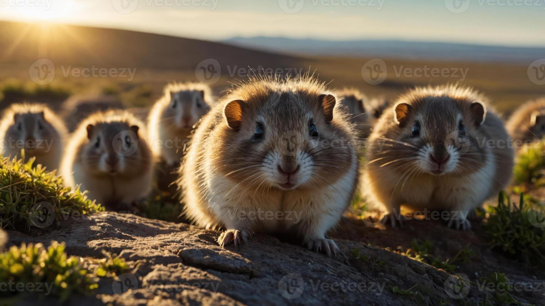 A group of small, furry animals gathered on a rock during sunset in a natural landscape. photo