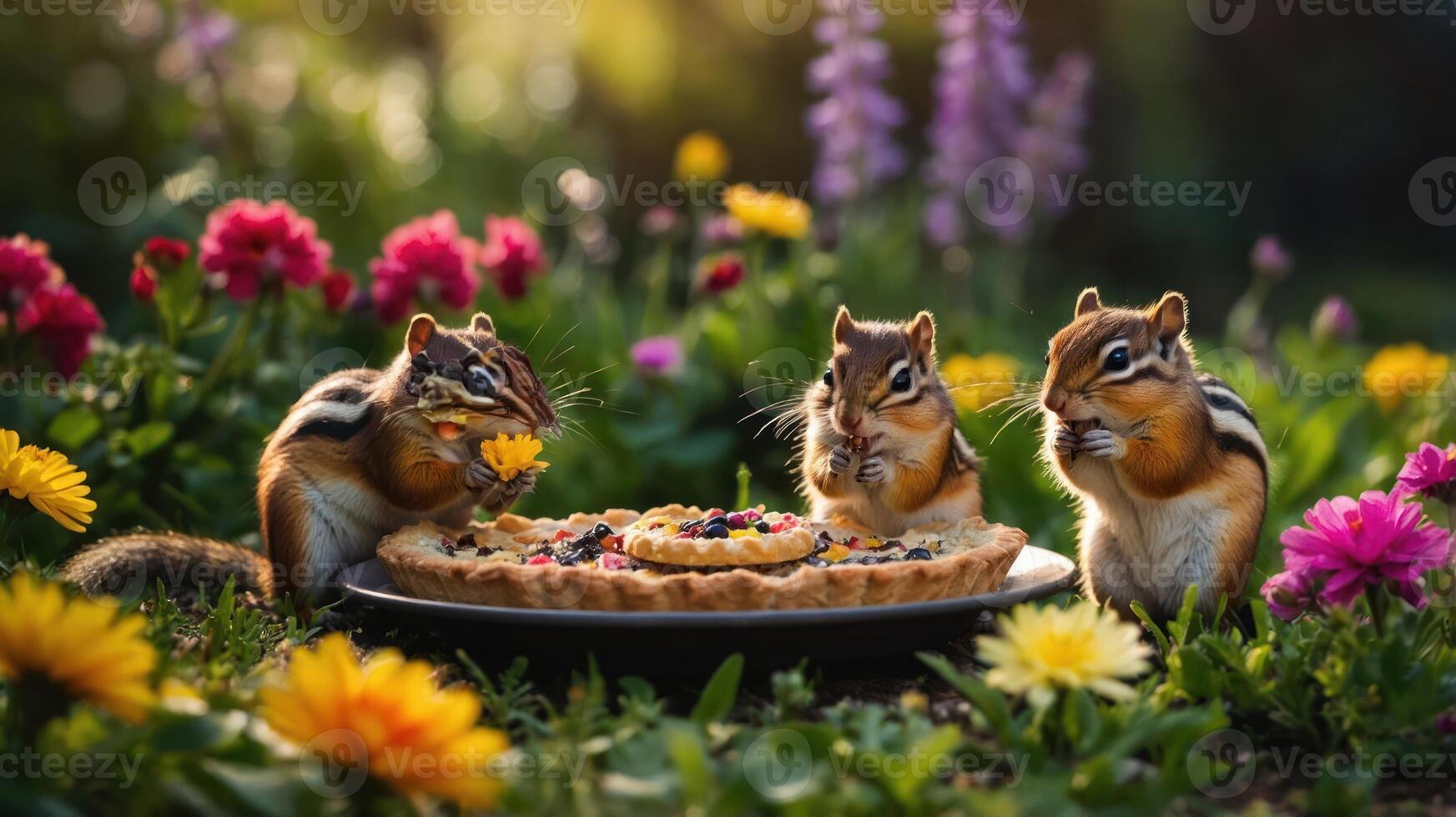 Three chipmunks enjoying a colorful pie amidst vibrant flowers in a sunny garden. photo