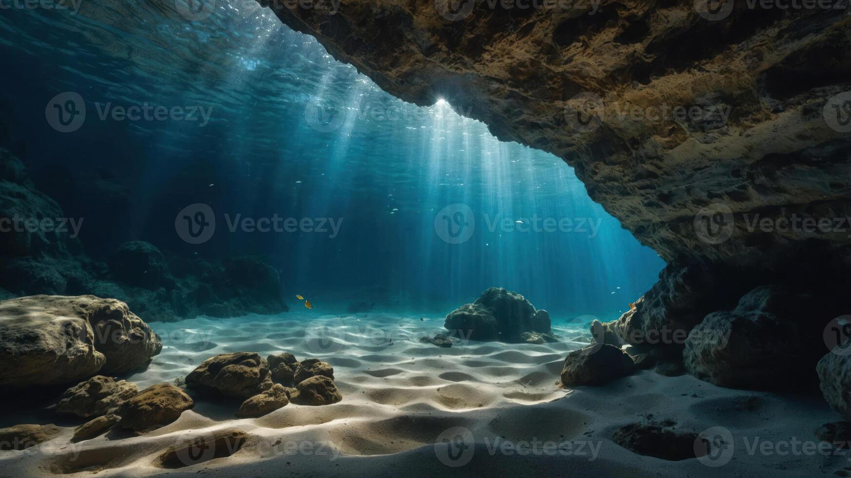 A serene underwater scene with sunlight filtering through rocks and illuminating sandy floor. photo