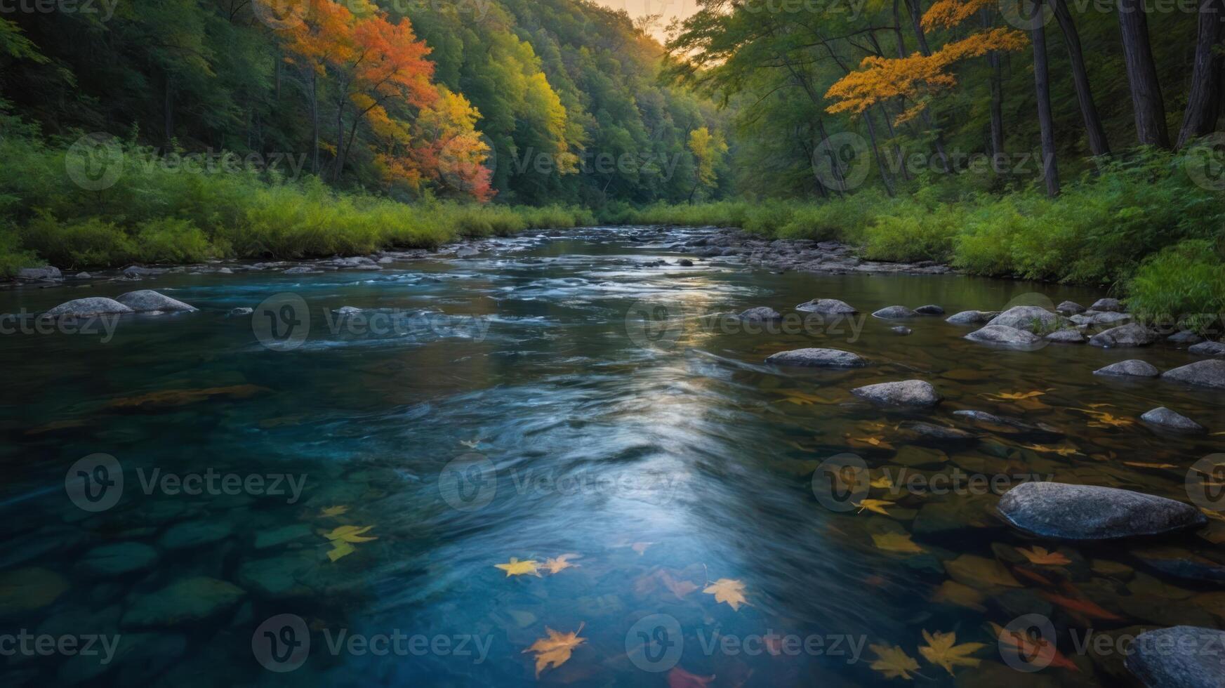 Serene river flowing through a forest with autumn foliage. photo