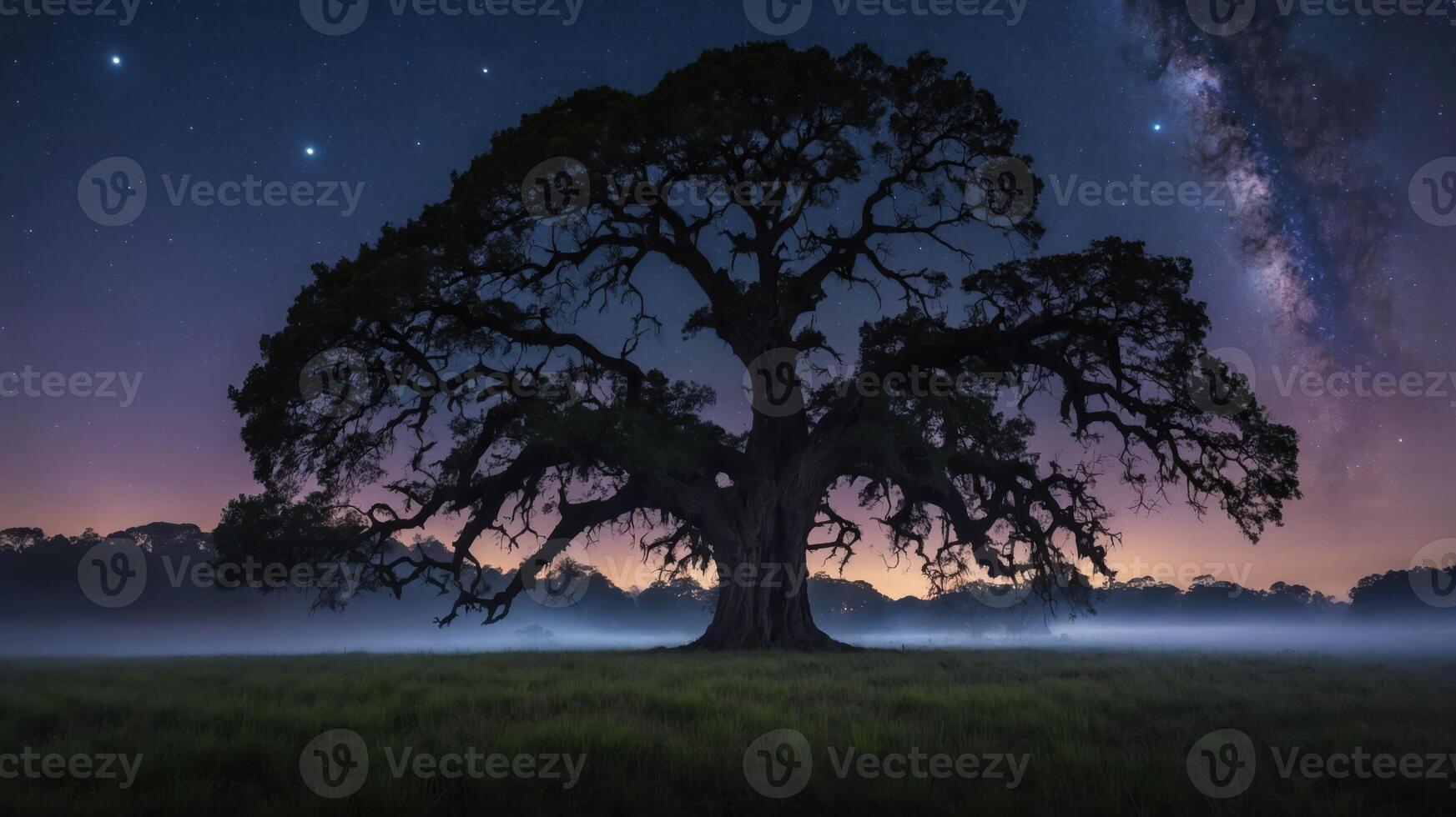 A majestic tree silhouetted against a starry night sky, creating a serene landscape. photo