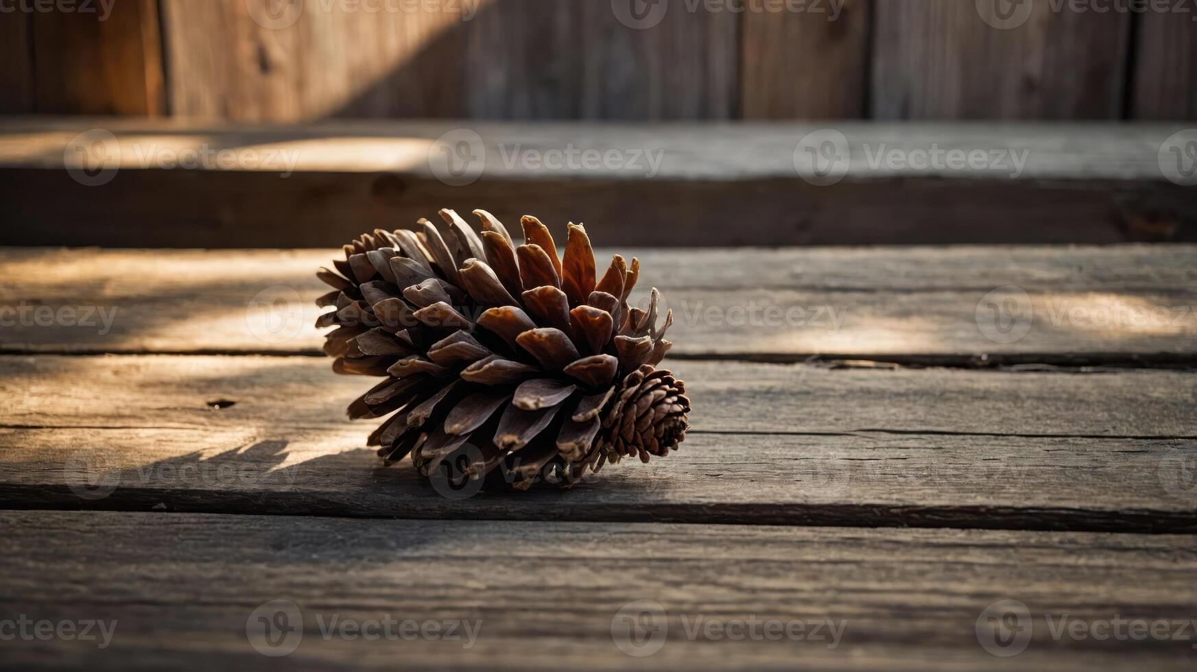 A pine cone resting on a wooden surface, illuminated by soft natural light. photo