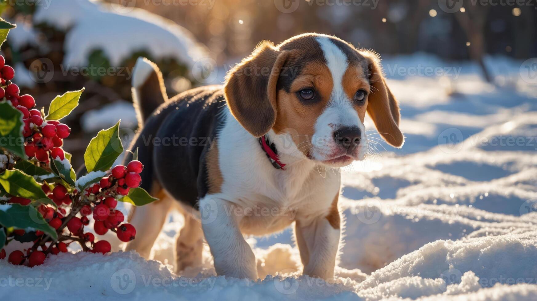 A playful beagle puppy in the snow, surrounded by festive berries and a warm glow. photo