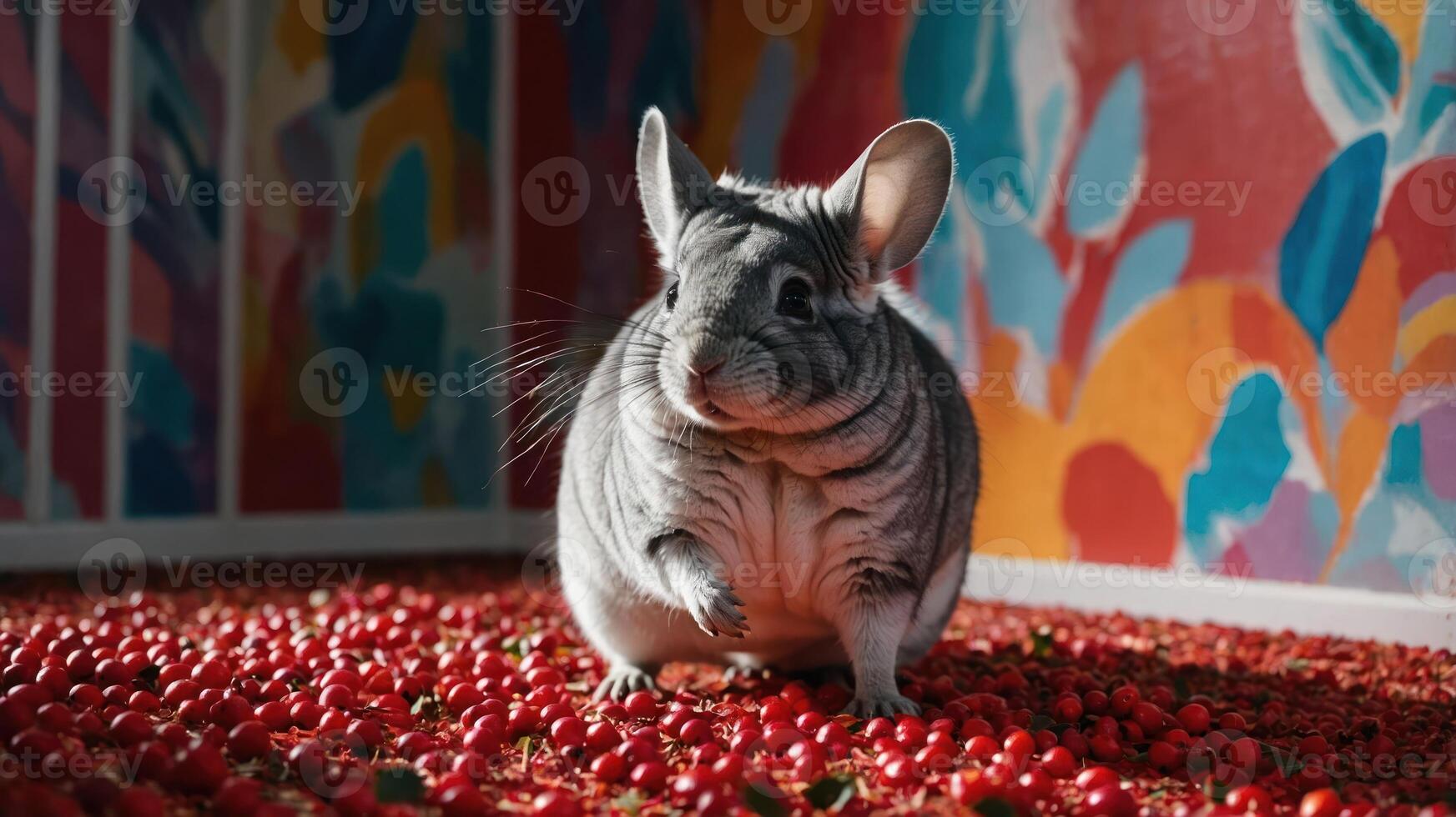 A chubby chinchilla stands on a bed of red berries in a brightly colored room. photo