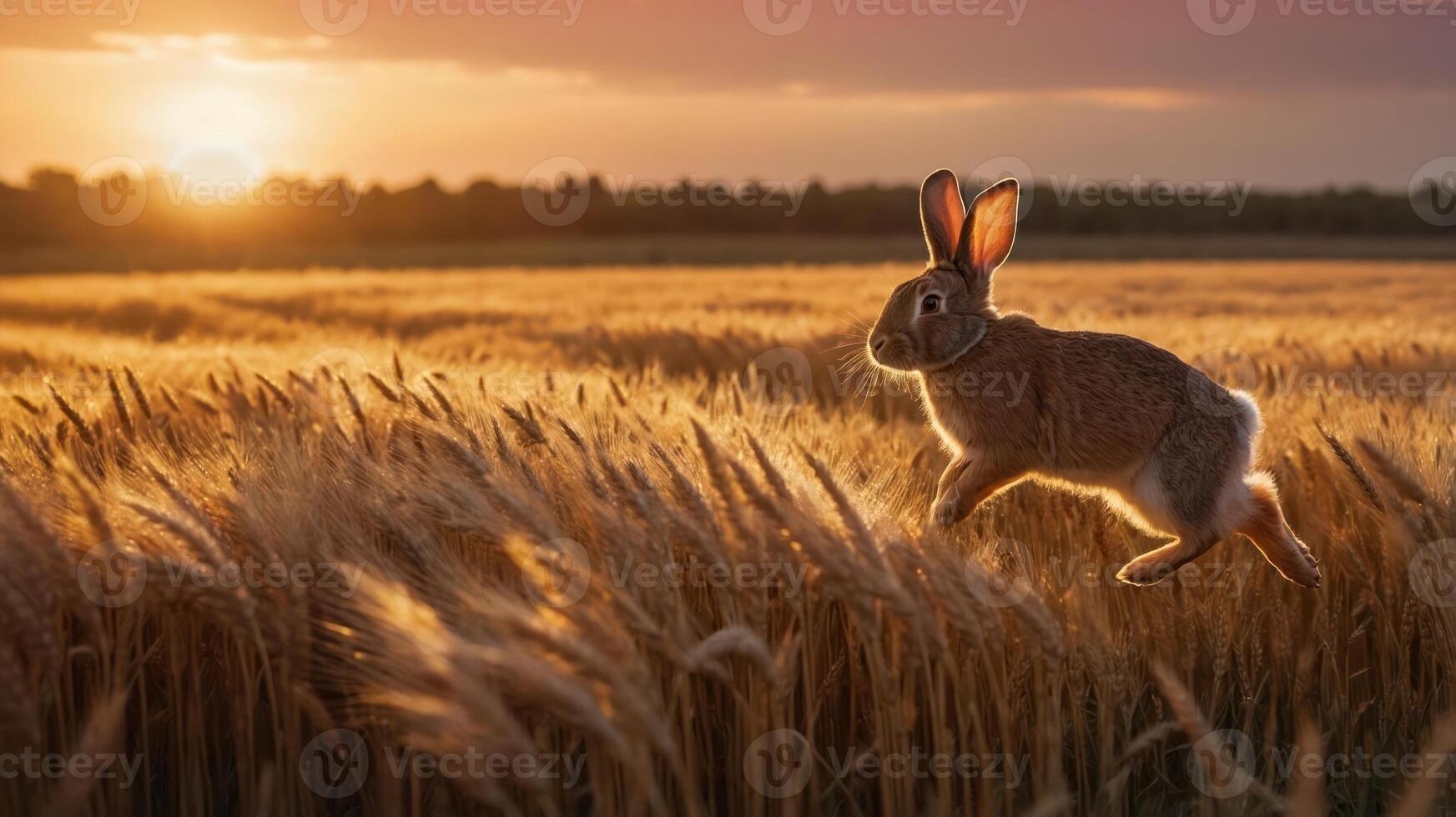 A rabbit leaps through a golden wheat field during sunset, capturing a serene moment in nature. photo
