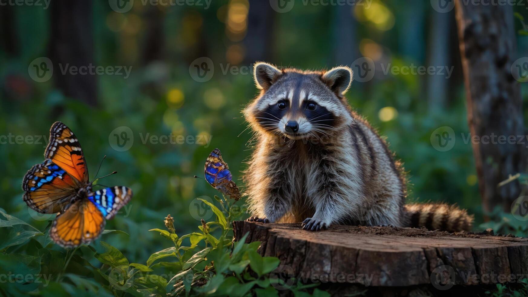 A raccoon sitting on a log, surrounded by colorful butterflies in a forest setting. photo
