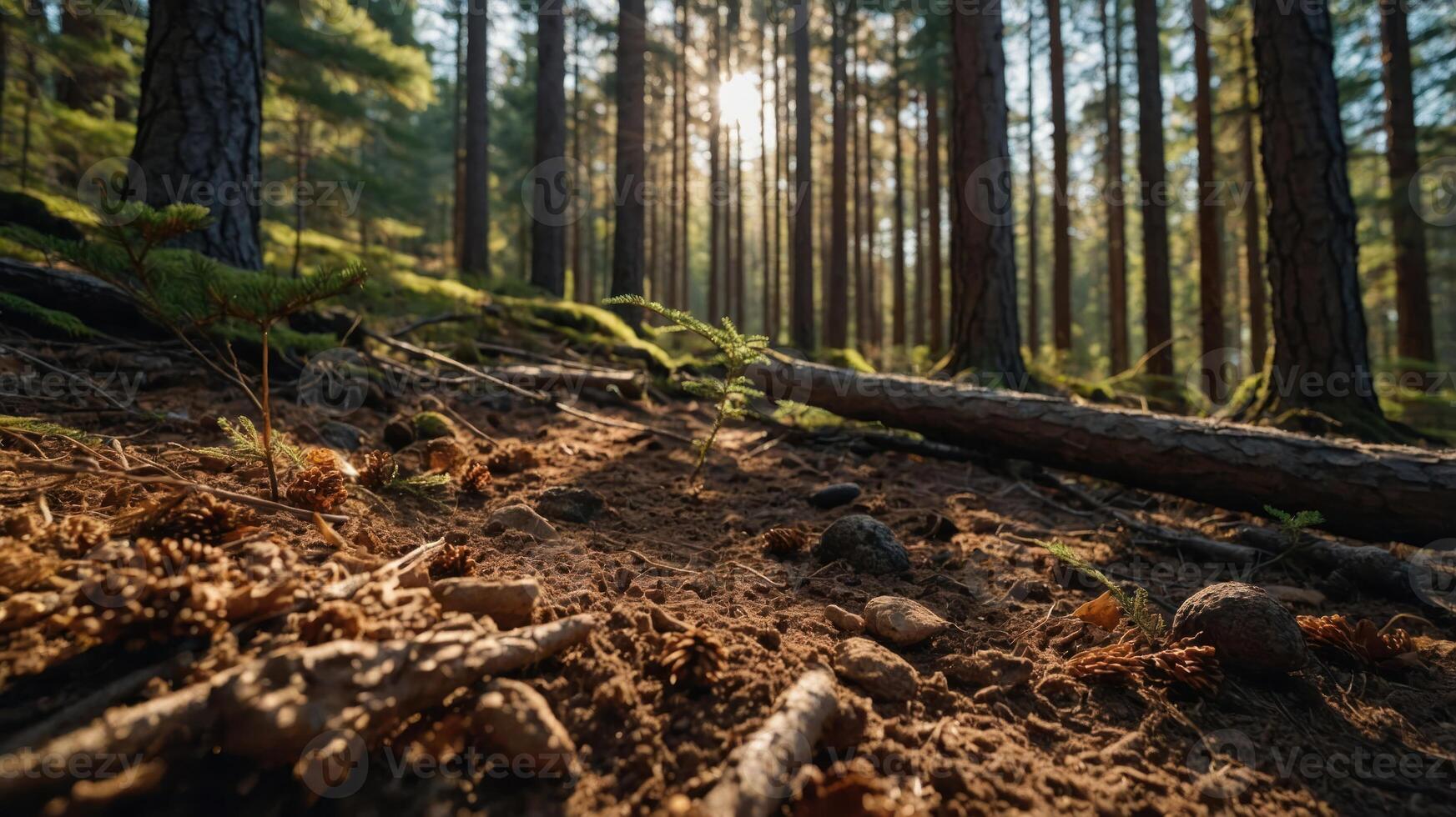 A serene forest scene with sunlight filtering through tall trees and a forest floor covered in foliage. photo
