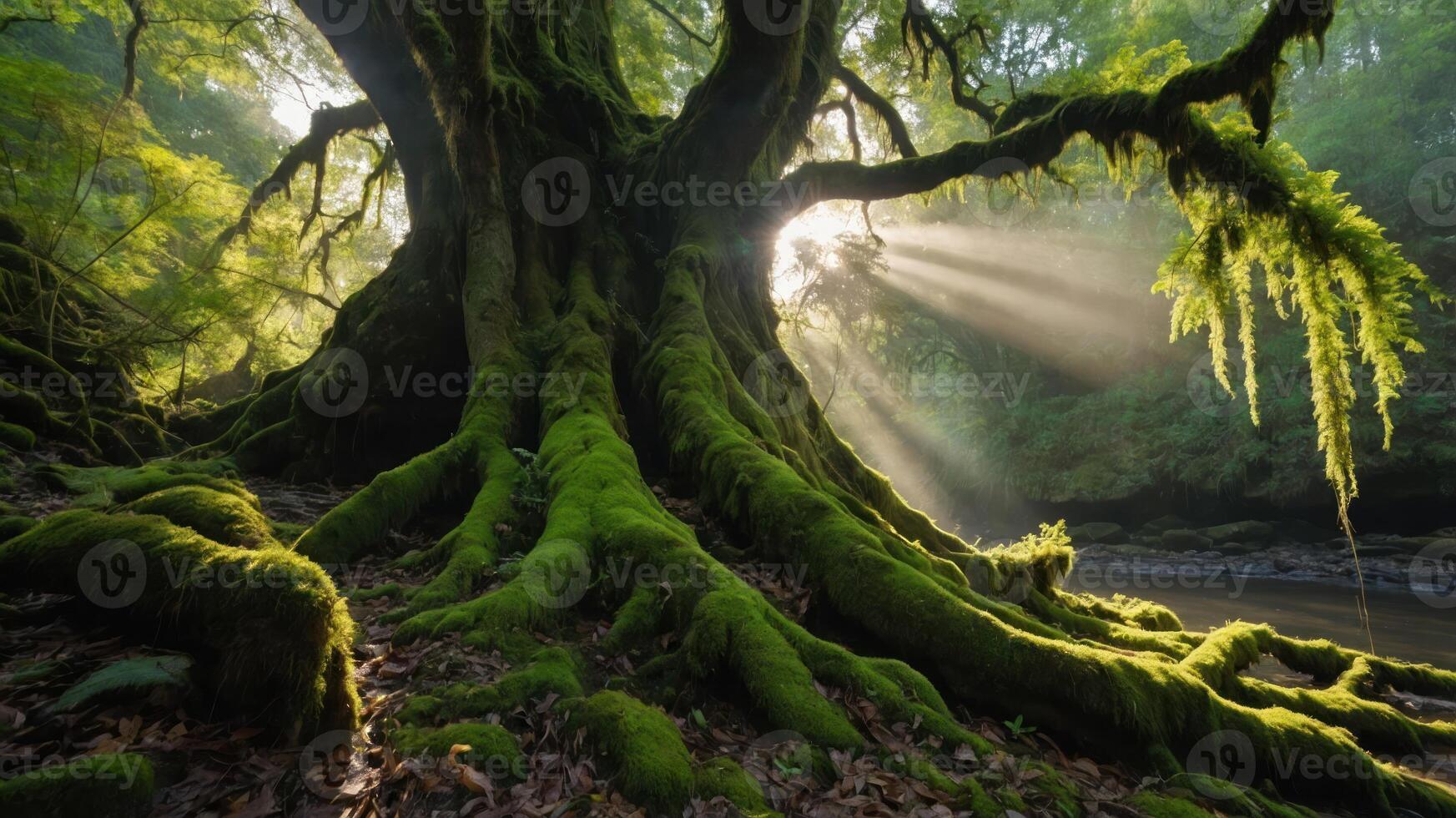 A majestic tree with moss-covered roots, illuminated by sunlight filtering through foliage. photo