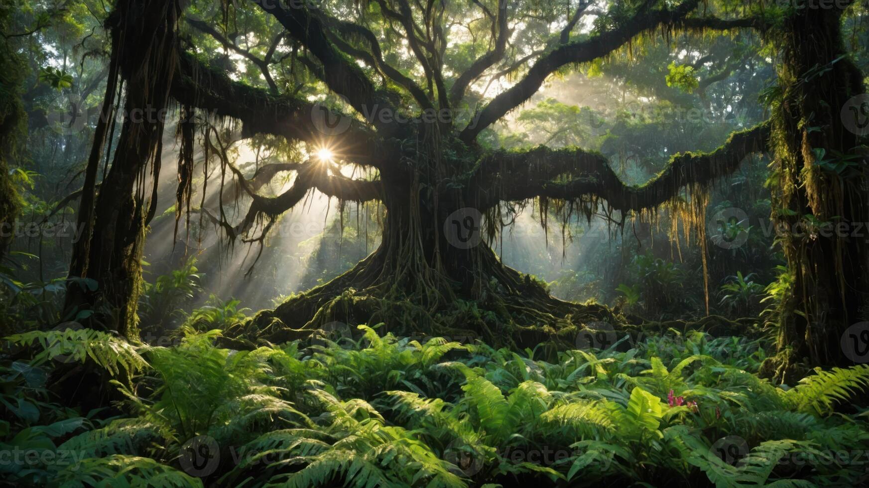 A majestic tree in a lush forest, illuminated by soft sunlight filtering through the leaves. photo
