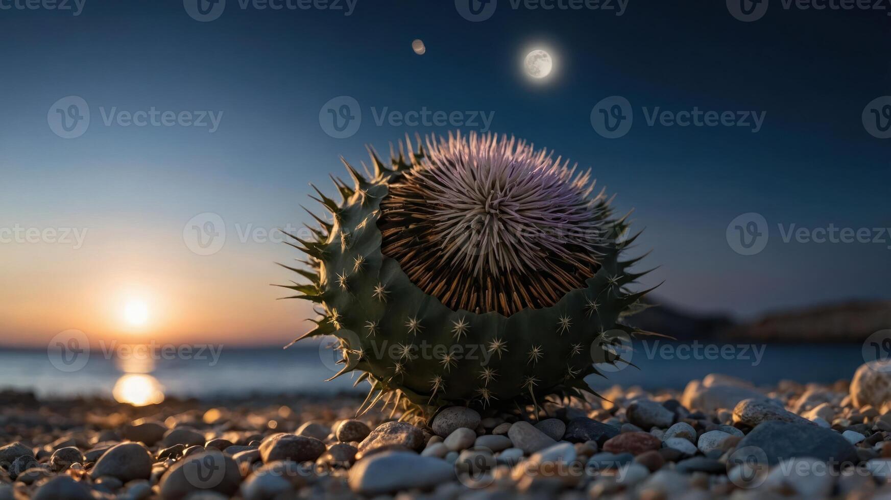 A spiky cactus on a pebbled beach at sunset, with celestial bodies in the sky. photo