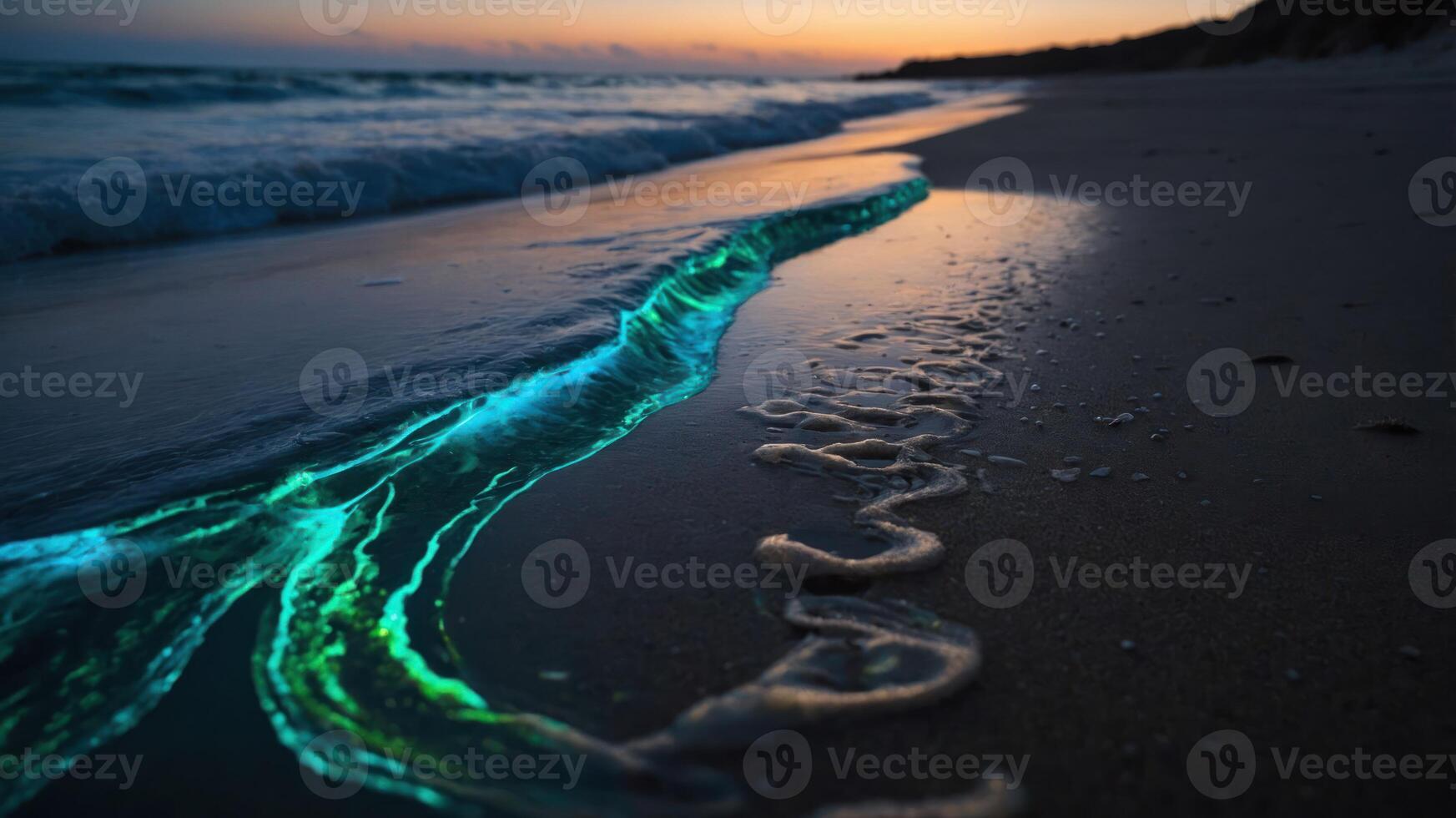 A glowing stream of water on a beach at sunset creates a serene, captivating atmosphere. photo
