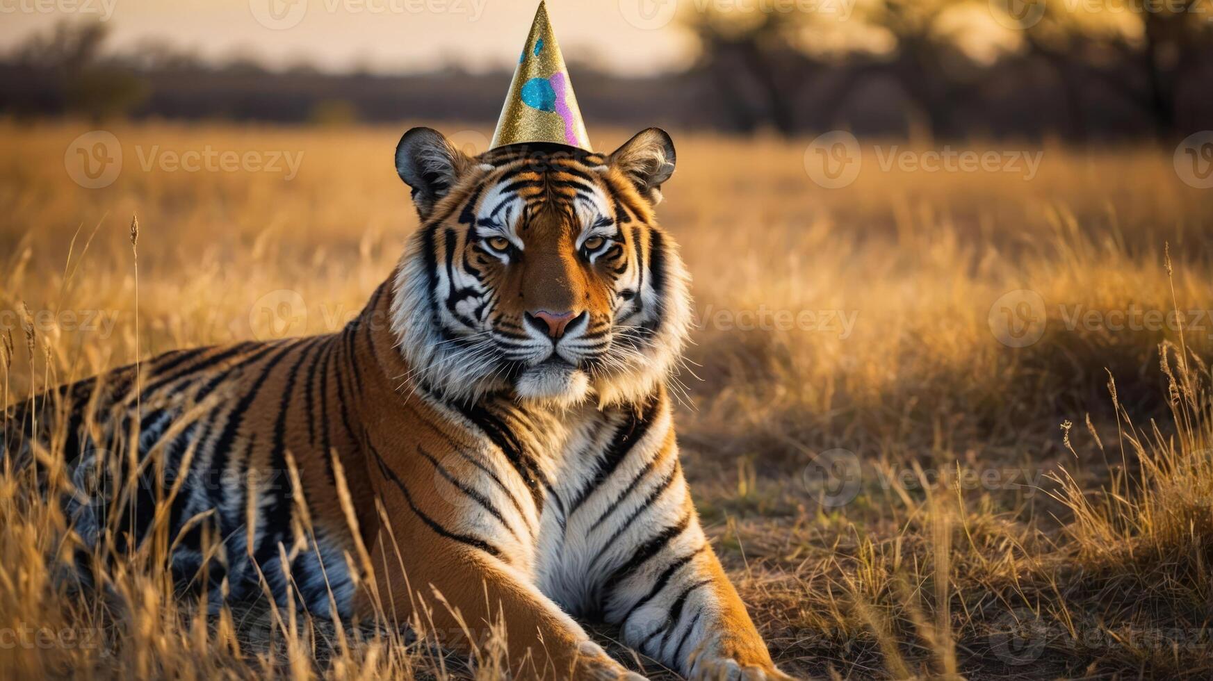 A tiger wearing a party hat, lounging in a grassy field during sunset. photo