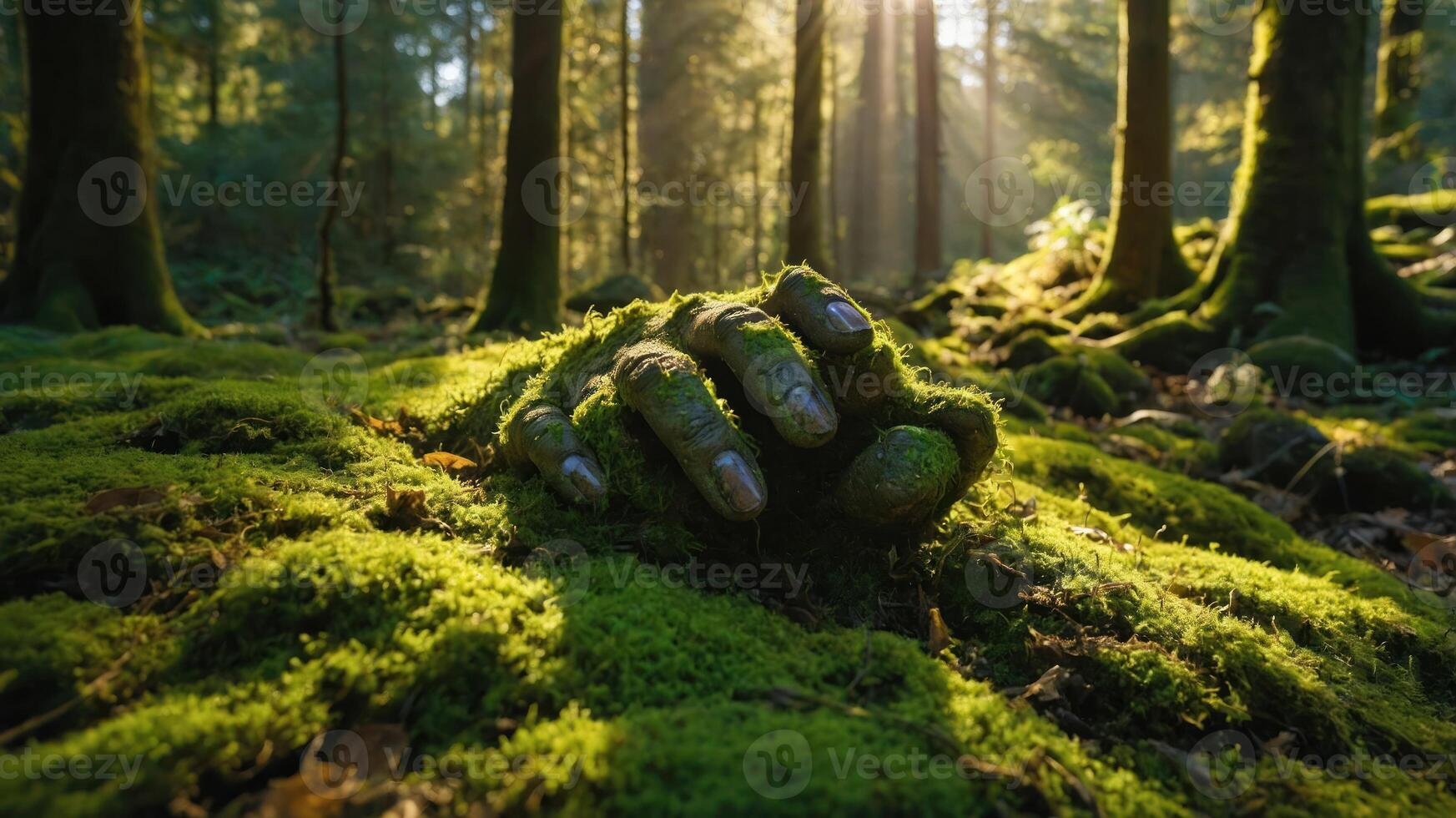 A moss-covered hand emerges from the forest floor, surrounded by lush greenery and sunlight. photo
