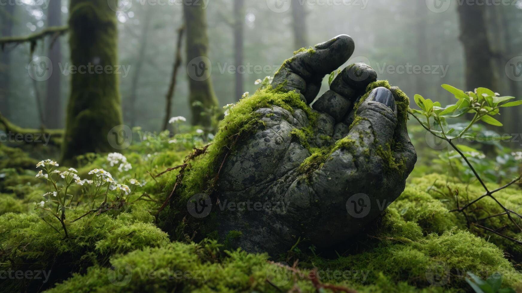 A moss-covered hand emerges from the forest floor, blending nature and fantasy. photo