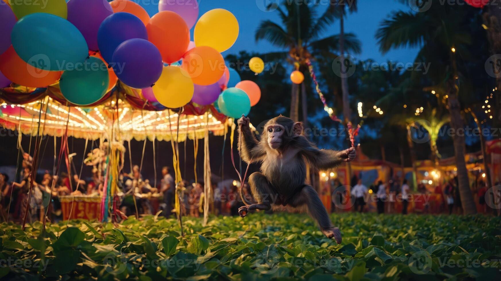 A monkey holding colorful balloons at a lively outdoor festival in the evening. photo